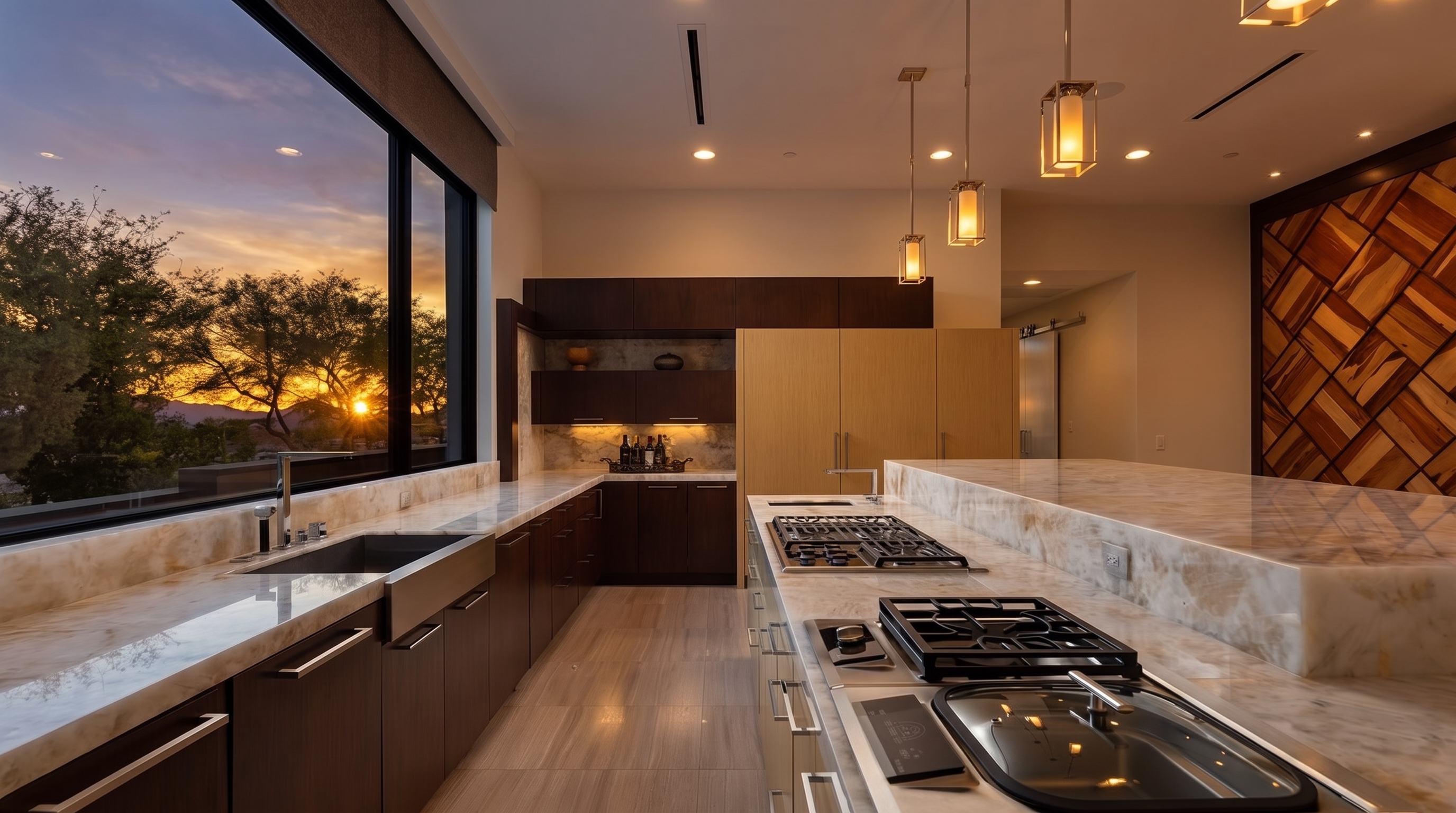 This modern kitchen features a large island with a stone countertop and integrated cooktop, complemented by dark wood cabinetry and light wood paneling. A large window provides an expansive view of the outdoors, while sleek pendant lights hang above the island. The space is designed with a clean, contemporary aesthetic that emphasizes high-end finishes and functional layout.