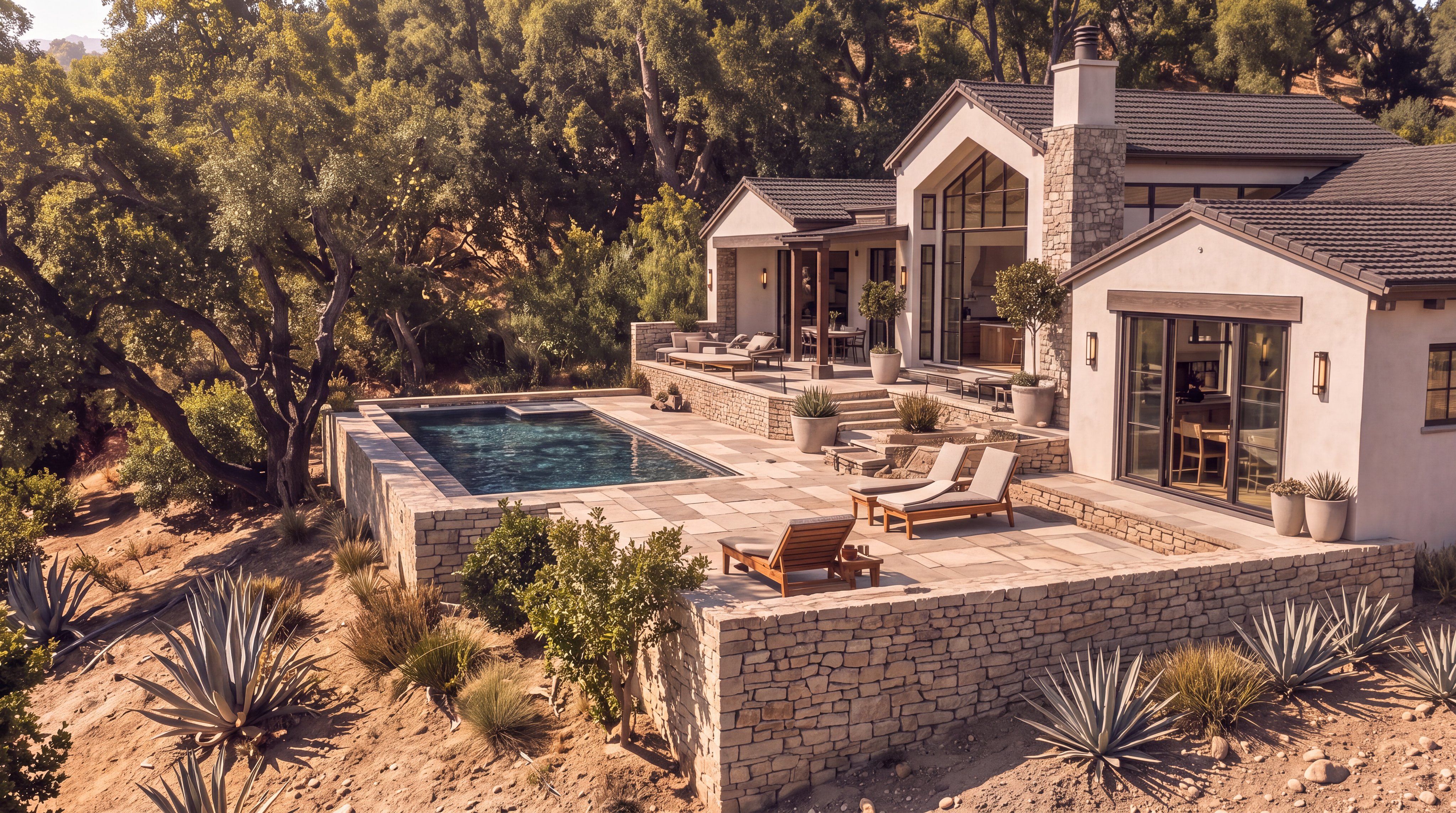 This stunning residence features an expansive outdoor living area, complete with a beautifully integrated stone-rimmed swimming pool and a tiered stone patio. The property is designed with a modern farmhouse aesthetic, highlighted by clean architectural lines, large glass sliding doors, and natural stone masonry. Surrounded by mature trees and drought-tolerant landscaping, the home offers a sophisticated and tranquil retreat perfect for luxurious indoor-outdoor entertaining.