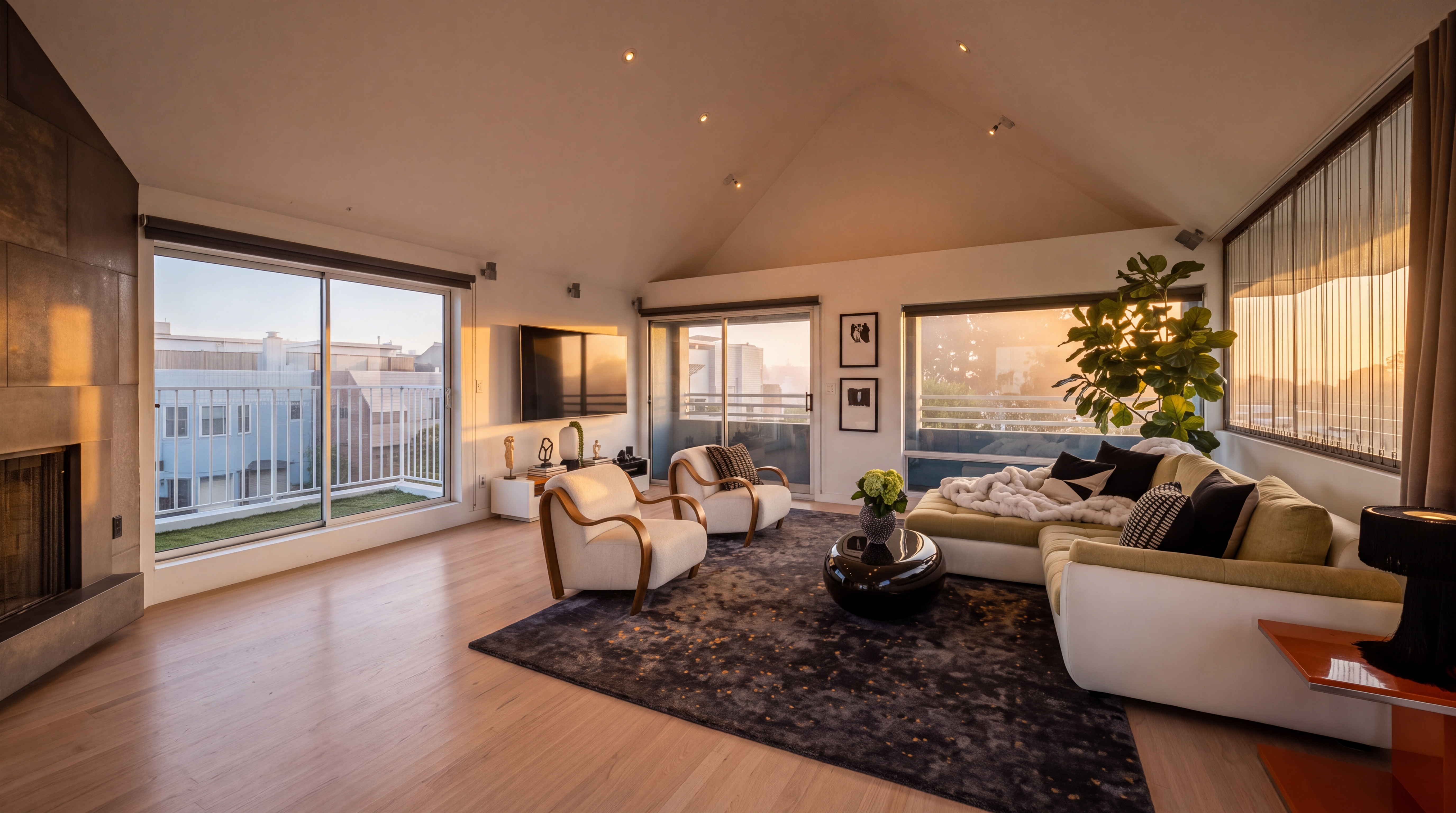 This bright and airy living room features a vaulted ceiling and expansive windows that provide abundant natural light and views of the surrounding neighborhood. The space is furnished with a large sectional sofa, two accent chairs, and a dark oval coffee table, all anchored by a textured area rug. A tall stone-clad chimney breast adds a textural element to the room, while sliding glass doors offer direct access to an outdoor balcony.