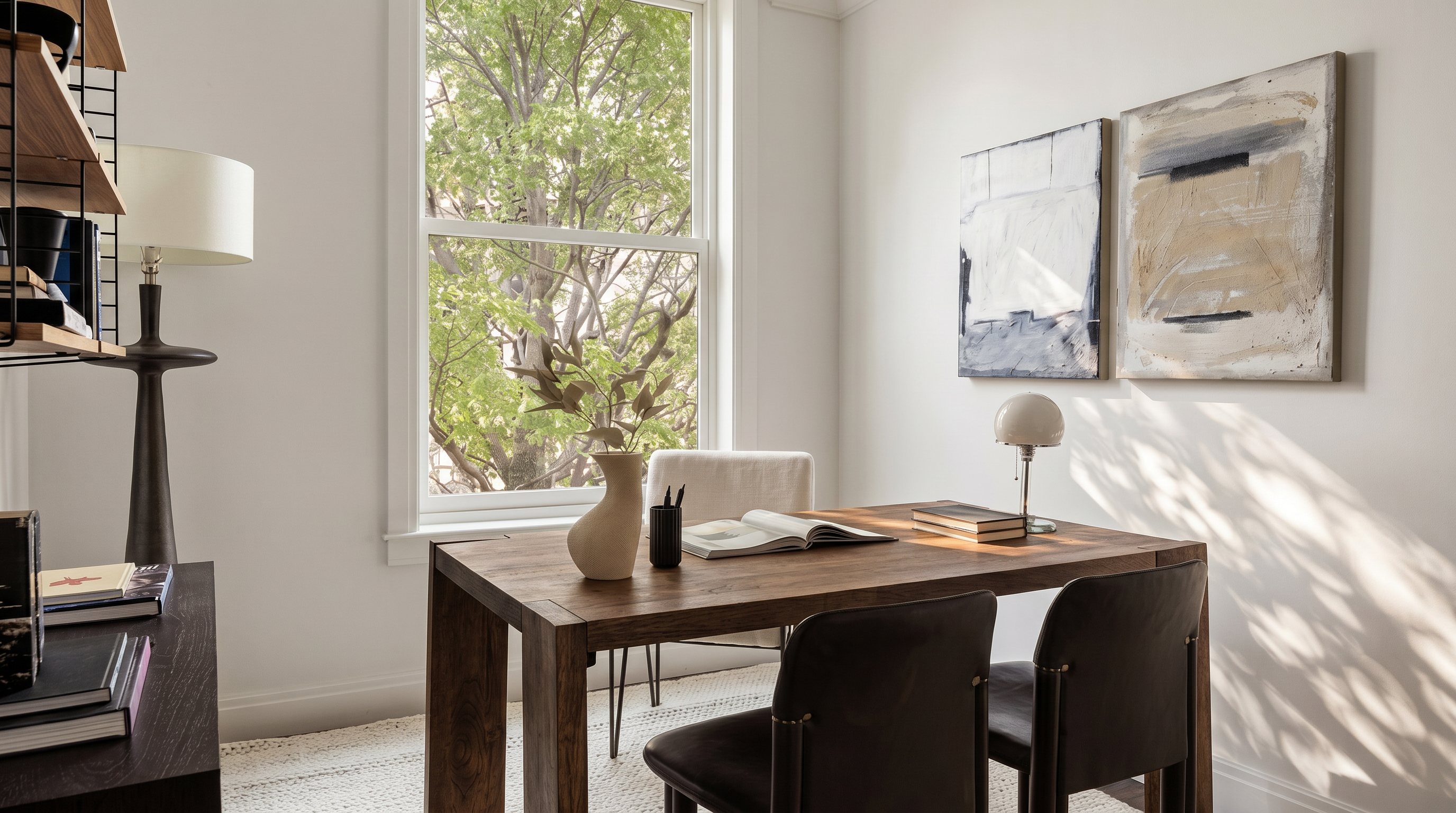 This sophisticated home office features a warm, wooden desk paired with dark leather chairs, set against a backdrop of crisp white walls and a large window overlooking lush greenery. The room is accented by minimalist abstract art, a textured area rug, and a sleek floor lamp, creating a serene and productive atmosphere. The perspective is eye-level, capturing the balanced composition of the workspace and its inviting, modern aesthetic.