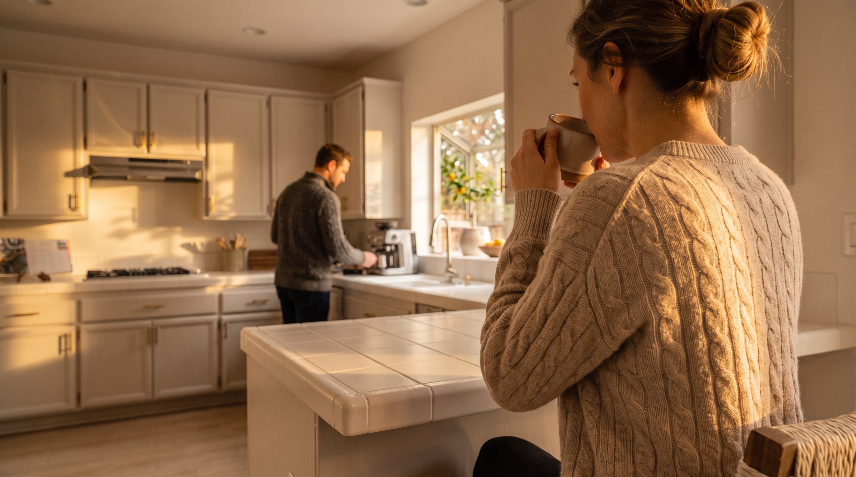 This bright and airy kitchen features light-toned cabinetry, a white refrigerator, and a peninsula with bar seating. The space is illuminated by recessed lighting and natural light from a window above the sink, creating a clean and inviting atmosphere. The neutral color palette and functional layout make this a practical and welcoming heart of the home.