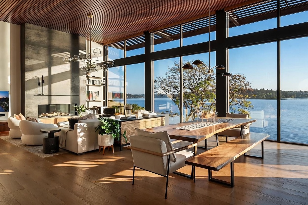 This expansive open-concept living and dining area features a warm, modern aesthetic with light wood flooring and a slatted wood ceiling. A large, stone-clad chimney breast anchors the living space, while floor-to-ceiling windows provide panoramic views of the water and surrounding trees. The room is furnished with plush, curved seating and a substantial live-edge wood dining table, creating a sophisticated yet inviting atmosphere.