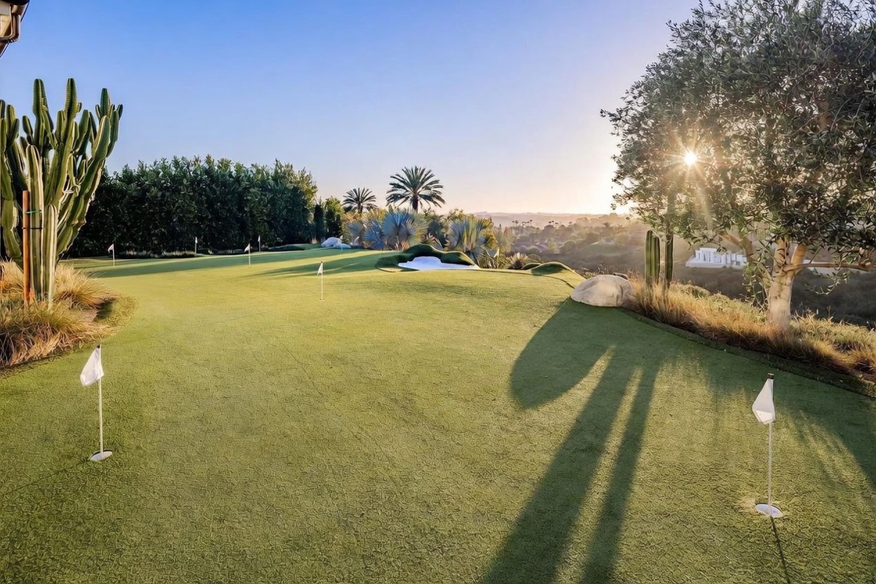 This expansive backyard features a professional-grade putting green with multiple flag pins, set against a backdrop of rolling hills and a distant valley view. The manicured turf is framed by mature trees, desert-style cacti, and decorative boulders, creating a serene and luxurious outdoor retreat. The scene is captured during the golden hour, with the sun casting long, dramatic shadows across the green and highlighting the lush landscaping.