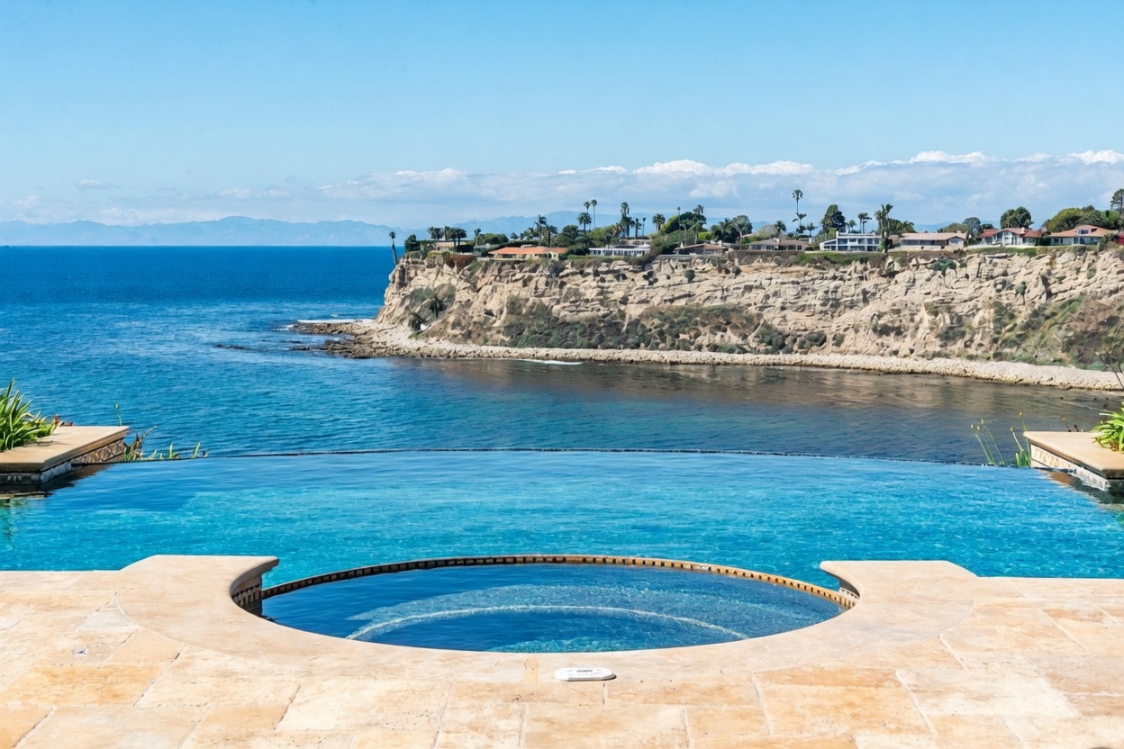 This stunning outdoor space features an infinity-edge pool that seamlessly blends into the expansive ocean view. A circular spa is integrated into the stone-paved deck, which overlooks a dramatic coastal cliffside and the blue sea beyond. The perspective is captured from a low angle, emphasizing the luxurious connection between the private pool area and the natural landscape.