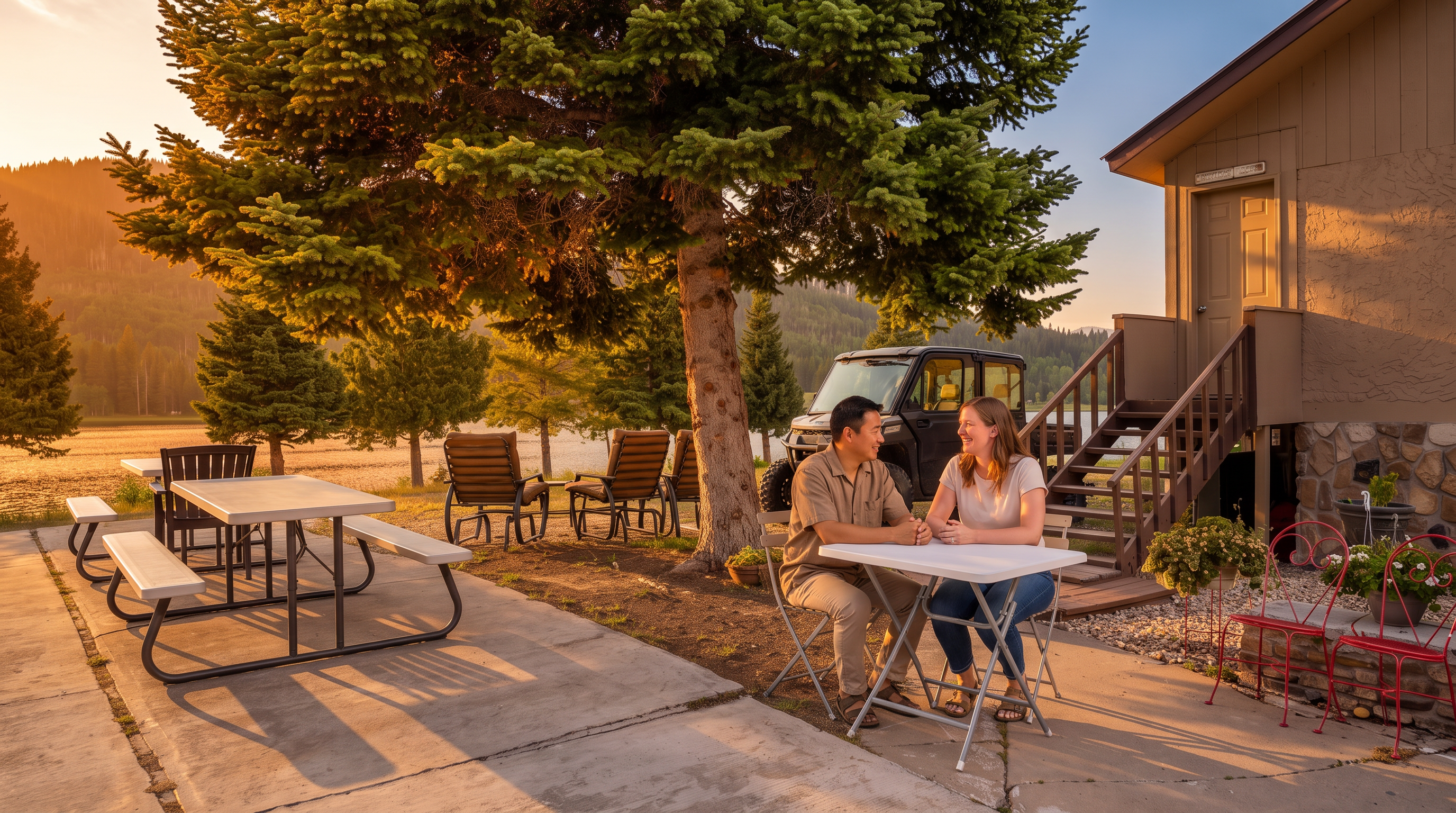 This outdoor space features a paved concrete patio area equipped with a picnic table, folding dining set, and comfortable lounge chairs, perfect for lakefront relaxation. The setting is enhanced by mature pine trees and direct proximity to the water, offering a serene, picturesque atmosphere for residents. The scene is completed by a side view of a cabin-style structure with wooden steps leading to an elevated entrance.