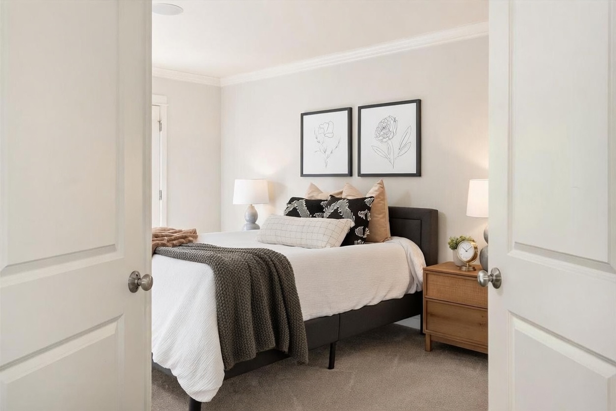 This inviting bedroom is captured from the perspective of the doorway, showcasing a neatly made bed with a dark upholstered headboard and a textured gray throw blanket. The room features neutral-toned walls, two matching bedside tables with lamps, and framed floral artwork above the bed. The space is carpeted and maintains a clean, contemporary aesthetic suitable for a guest room or secondary bedroom.