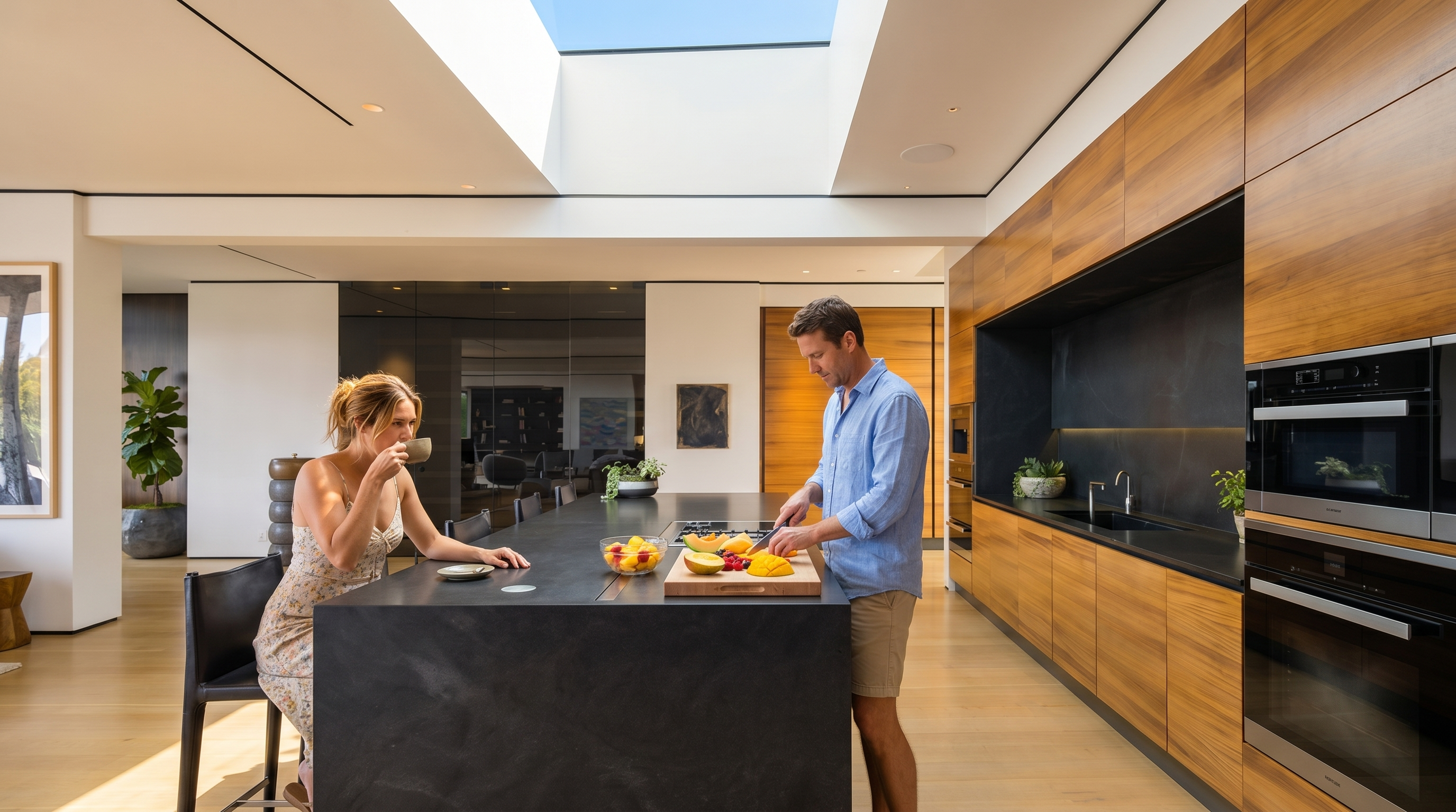 This modern, high-end kitchen features a large central island with a dark stone countertop and integrated cooktop, set against a backdrop of warm-toned wood cabinetry. A dramatic skylight overhead floods the space with natural light, highlighting the clean lines and minimalist aesthetic. The perspective is a wide-angle shot from the kitchen floor, showcasing the seamless integration of the cabinetry and the open-plan layout.