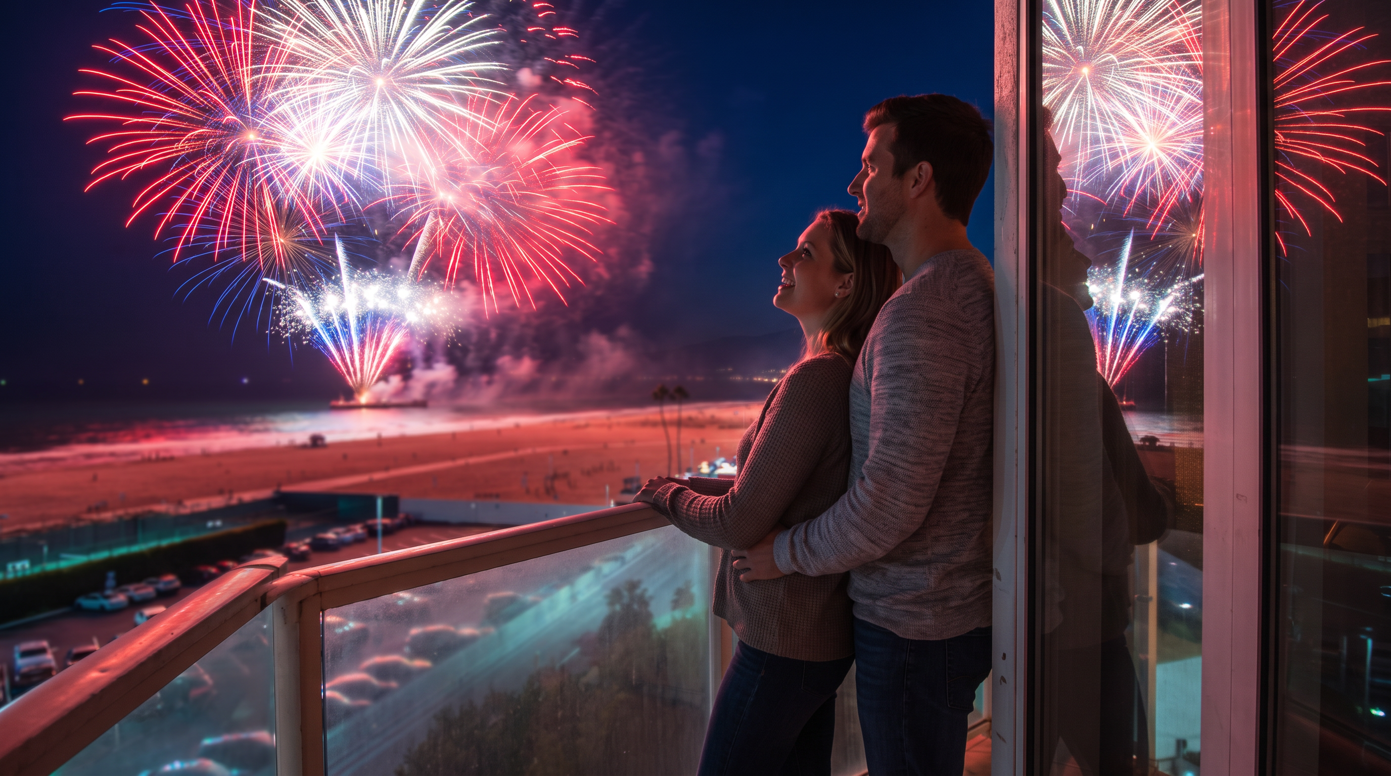 This elevated balcony offers a dramatic, panoramic view of a coastal beach at night, highlighted by a spectacular fireworks display over the ocean. The space features modern glass railings and provides a prime vantage point overlooking both the sandy shoreline and a private parking area below. With a couple embracing on the balcony, the setting creates an inviting, romantic atmosphere typical of a luxury beachfront residential property.