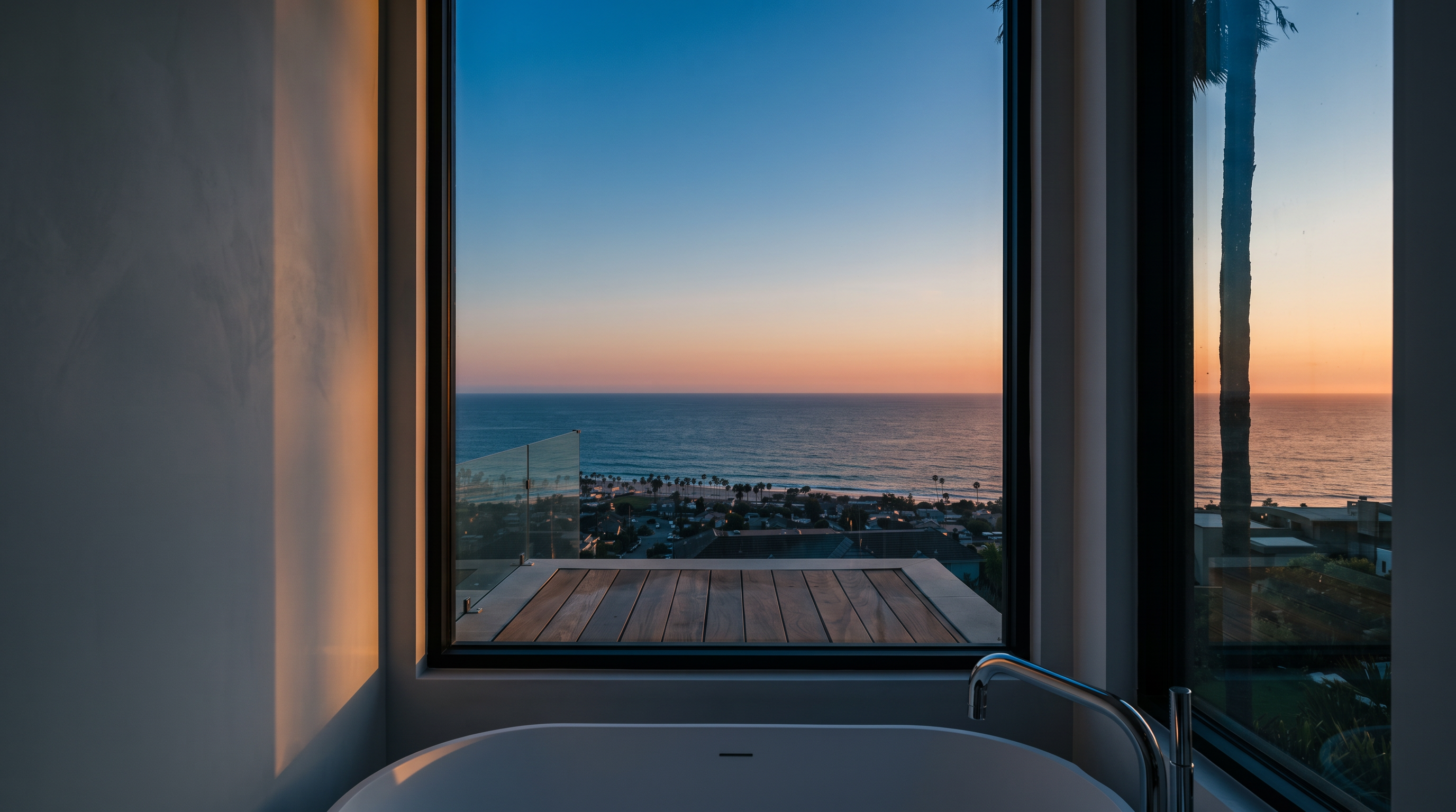 This image captures a serene view from a primary bathroom, featuring a large, circular soaking tub positioned directly in front of a expansive window. The window provides a stunning, unobstructed panoramic view of the ocean, beach, and a wooden deck just outside. The clean, minimalist framing of the window emphasizes the natural beauty of the coastal landscape, creating a tranquil and luxurious atmosphere.