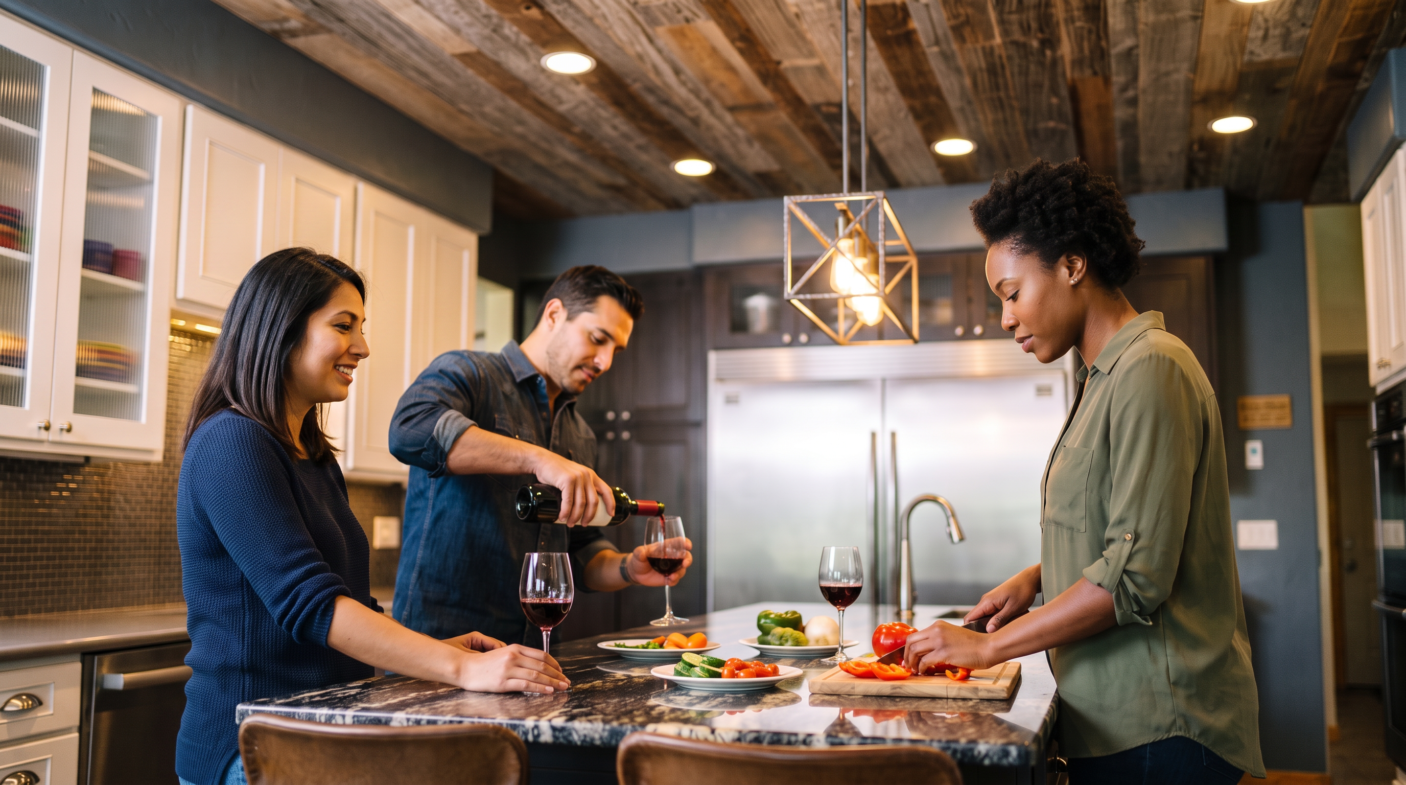 This kitchen features a modern design with dark wood cabinetry, stainless steel appliances, and a polished marble-patterned island countertop. The space is highlighted by warm pendant lighting and a unique rustic wood-plank ceiling, creating a cozy yet upscale atmosphere perfect for entertaining. The kitchen is well-equipped with functional prep space, making it an inviting centerpiece for home living.