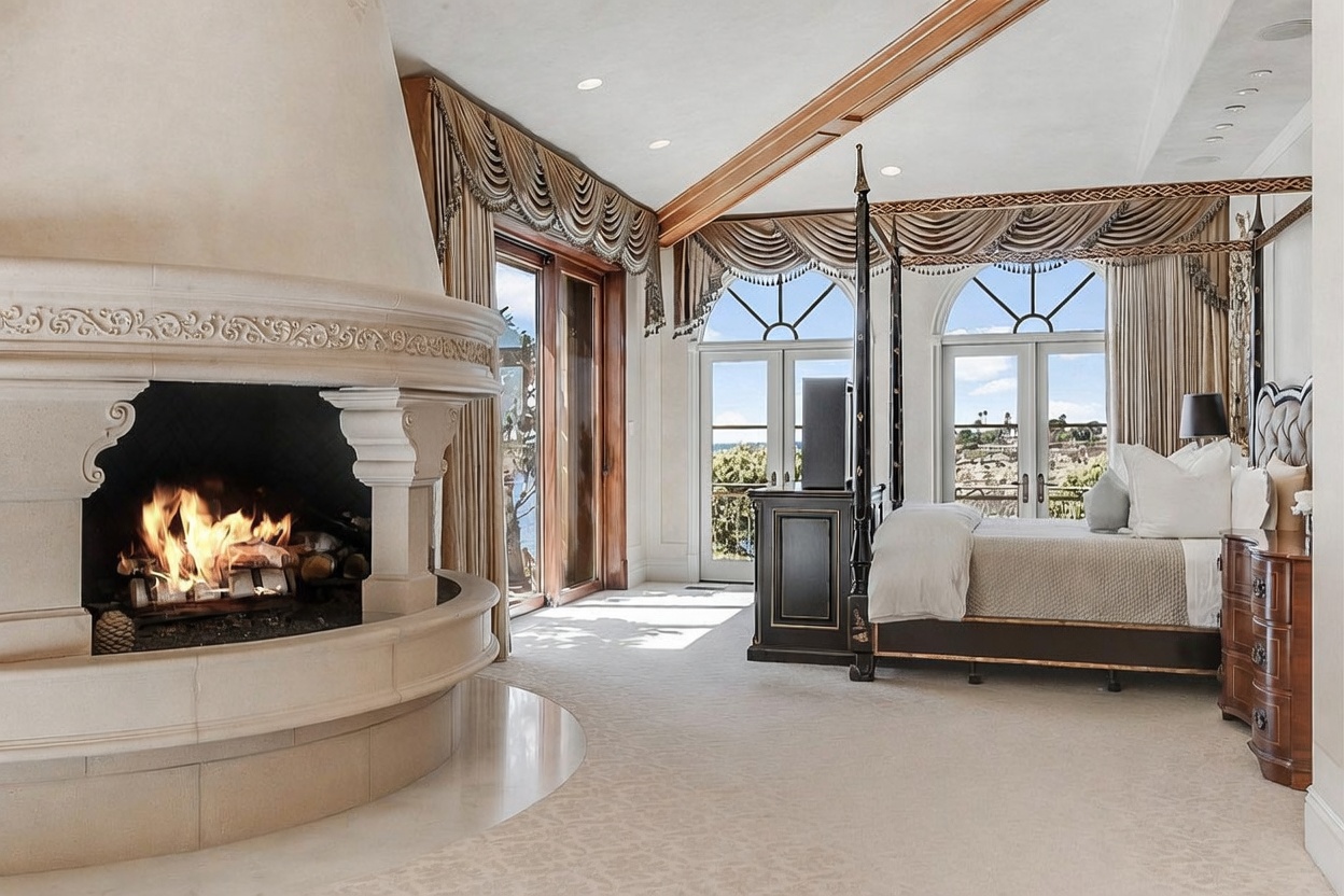 This luxurious primary bedroom features a prominent, curved stone fireplace that serves as a focal point in the room. A four-poster bed is positioned near large, arched windows that offer expansive views and allow for abundant natural light. The space is elegantly appointed with ornate window treatments, neutral carpeting, and a classic, sophisticated aesthetic.