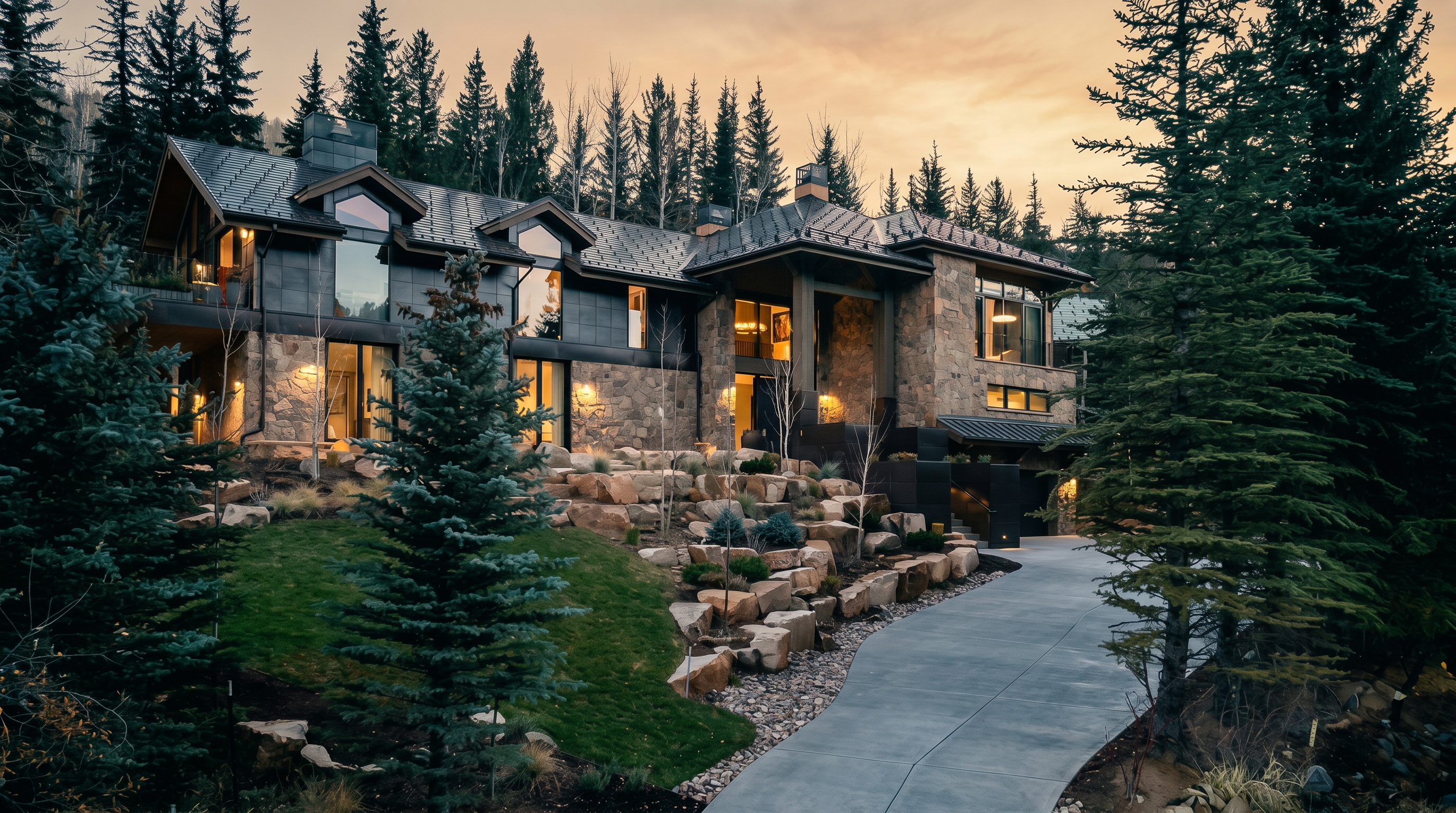 This striking mountain estate features a sophisticated blend of natural stone and dark metal siding, set against a dramatic sunset sky. The multi-level architecture includes large windows that capture the surrounding forest, while a tiered rock garden and a winding concrete driveway lead to the main entrance. The overall impression is one of luxury and seclusion, perfectly integrated into the rugged, wooded landscape.