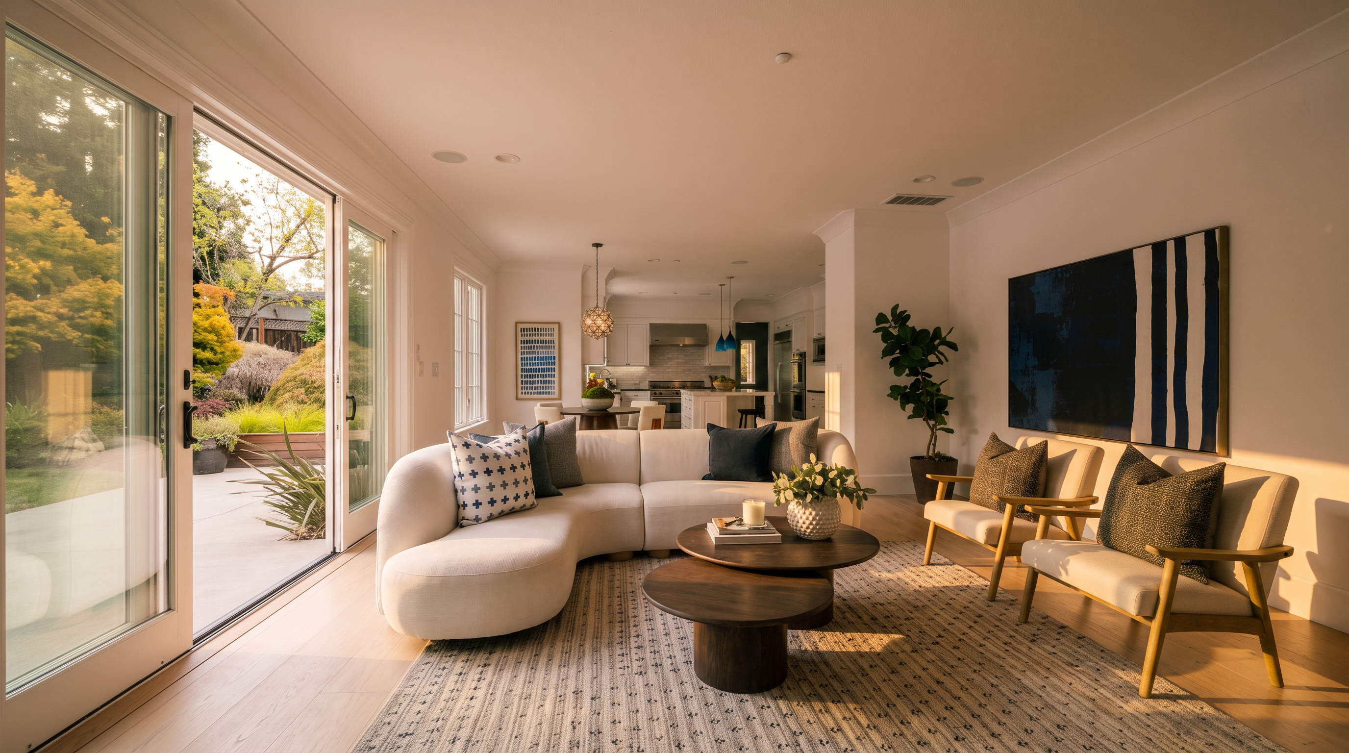 This bright and airy living room features a contemporary, curved white sectional sofa and nested wooden coffee tables arranged on a textured rug. The space is anchored by a large abstract art piece and accent chairs, with a sliding glass door providing seamless access to the outdoor patio area. The open-concept design flows into a modern kitchen, creating an inviting and cohesive living environment.