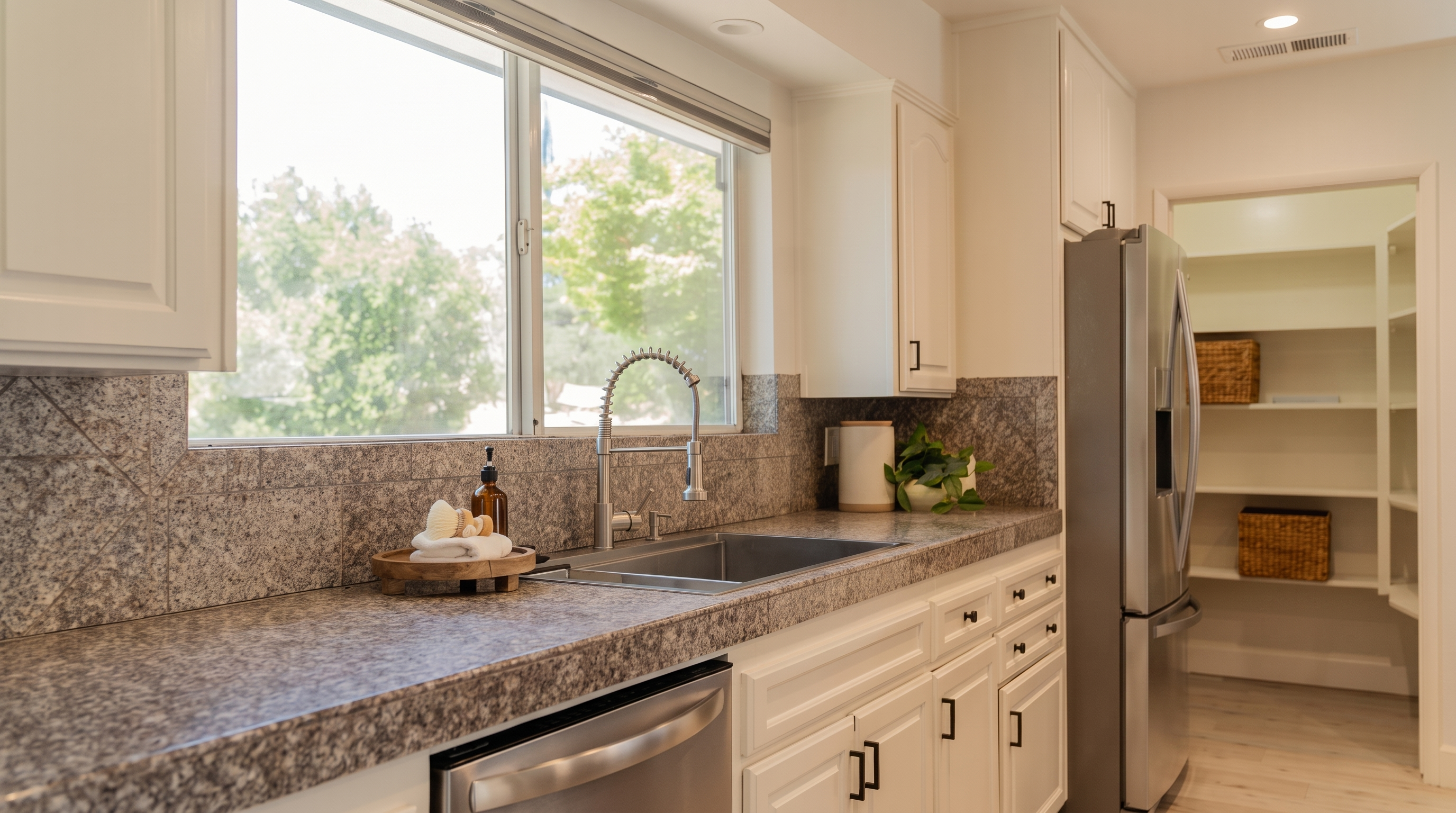 This bright kitchen features white cabinetry paired with speckled stone countertops and a matching backsplash. A stainless steel sink with a gooseneck faucet sits beneath a large window, while a stainless steel refrigerator and dishwasher complete the appliance suite. To the right, an open doorway reveals a walk-in pantry with multiple shelves, creating a functional and airy layout.