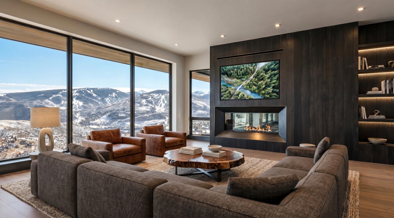 This is an interior shot of a modern living room featuring hardwood floors and a contemporary fireplace with dark wood paneling. Large windows offer a panoramic view of snow-covered mountains and a town below. The room is spacious and well-lit, creating a luxurious and inviting atmosphere.