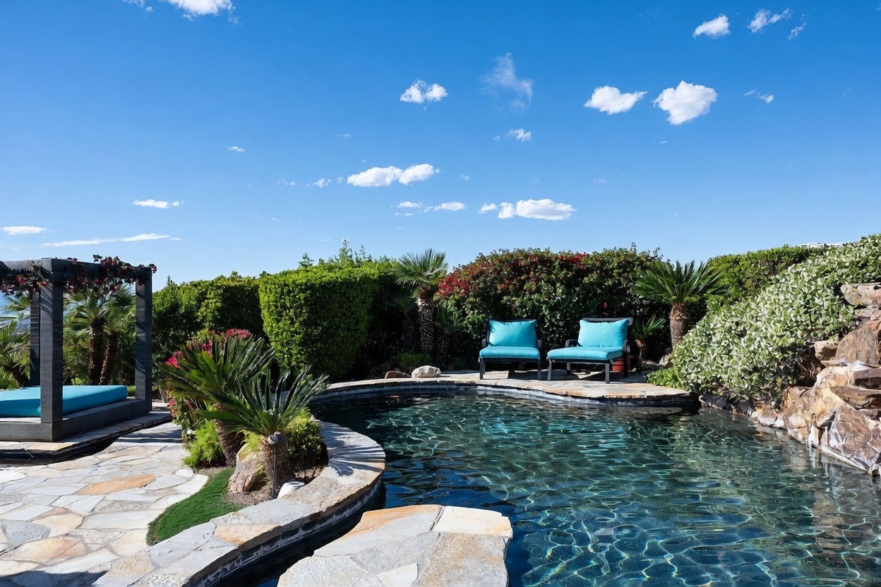 This inviting backyard oasis features a custom-shaped swimming pool with natural stone coping and a rock-accented water feature. A shaded cabana with a lounge bed sits to the left, while two bright blue lounge chairs are positioned on the stone patio overlooking the water. Lush green hedges and palm trees provide a sense of privacy and a resort-like atmosphere under a clear blue sky.