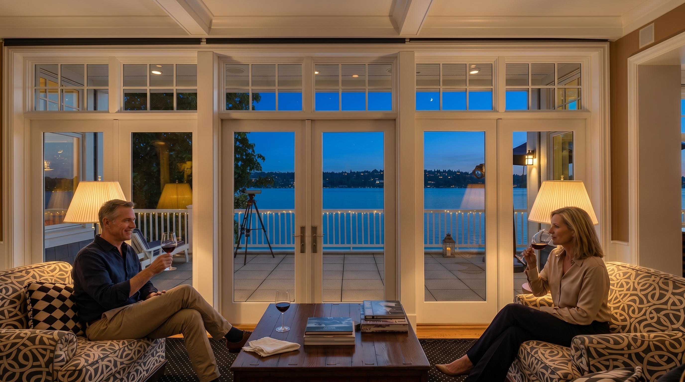This elegant living room features a symmetrical layout with two patterned armchairs flanking a central wooden coffee table, all set upon a dark blue patterned rug. The space is defined by a wall of floor-to-ceiling glass doors that provide a stunning, unobstructed view of the lake and outdoor patio. The bright, airy atmosphere is enhanced by white trim, recessed lighting, and a coffered ceiling, creating a sophisticated and serene waterfront living environment.