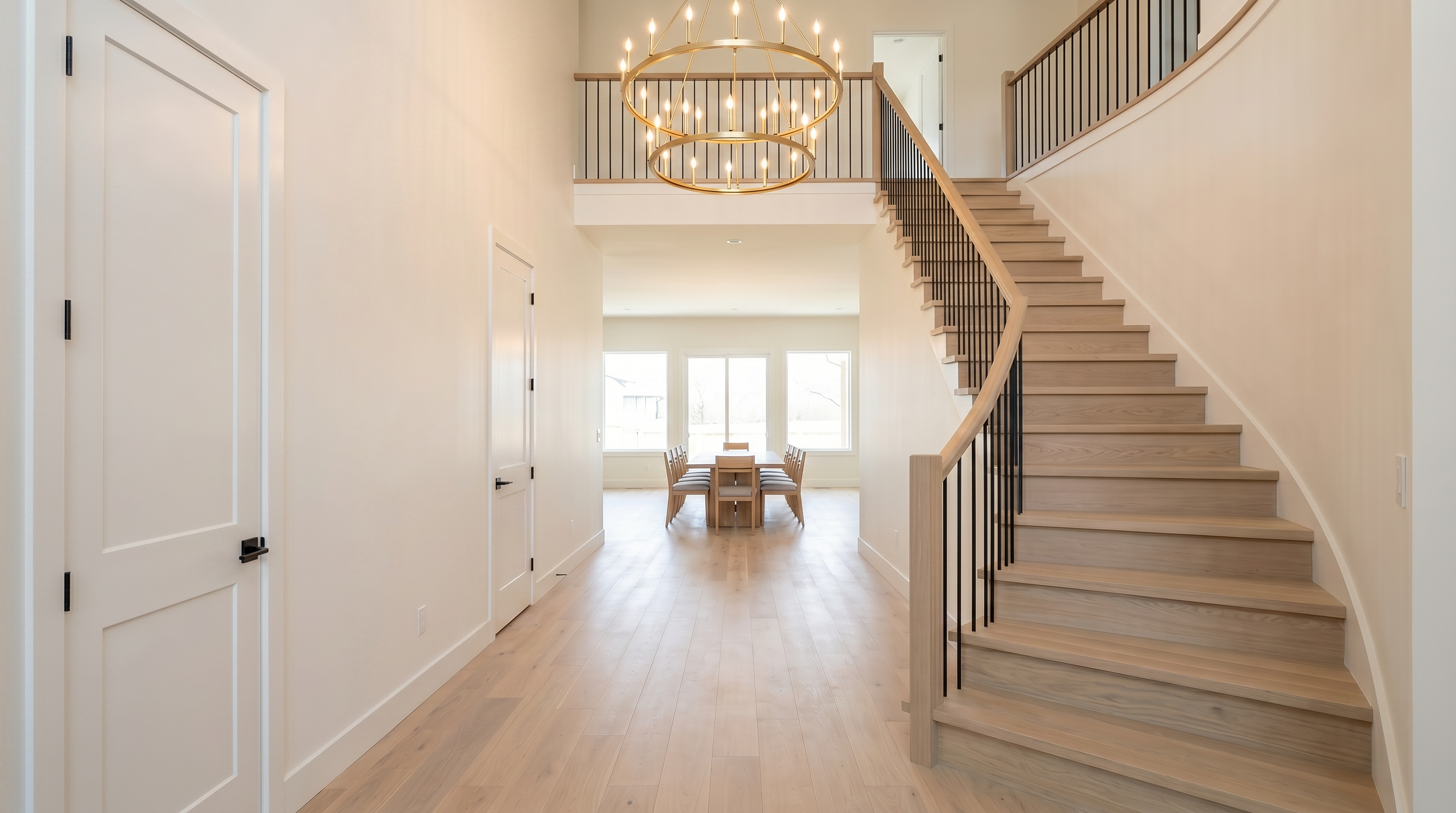 This grand entryway features a stunning, double-tiered gold chandelier hanging above a spacious foyer with light-toned hardwood flooring throughout. A striking staircase with a curved wooden handrail and sleek black metal balusters leads to an upper-level mezzanine, while the view extends directly into a sunlit, minimalist dining area. The space exudes a bright, modern, and high-end atmosphere ideal for a sophisticated contemporary home.