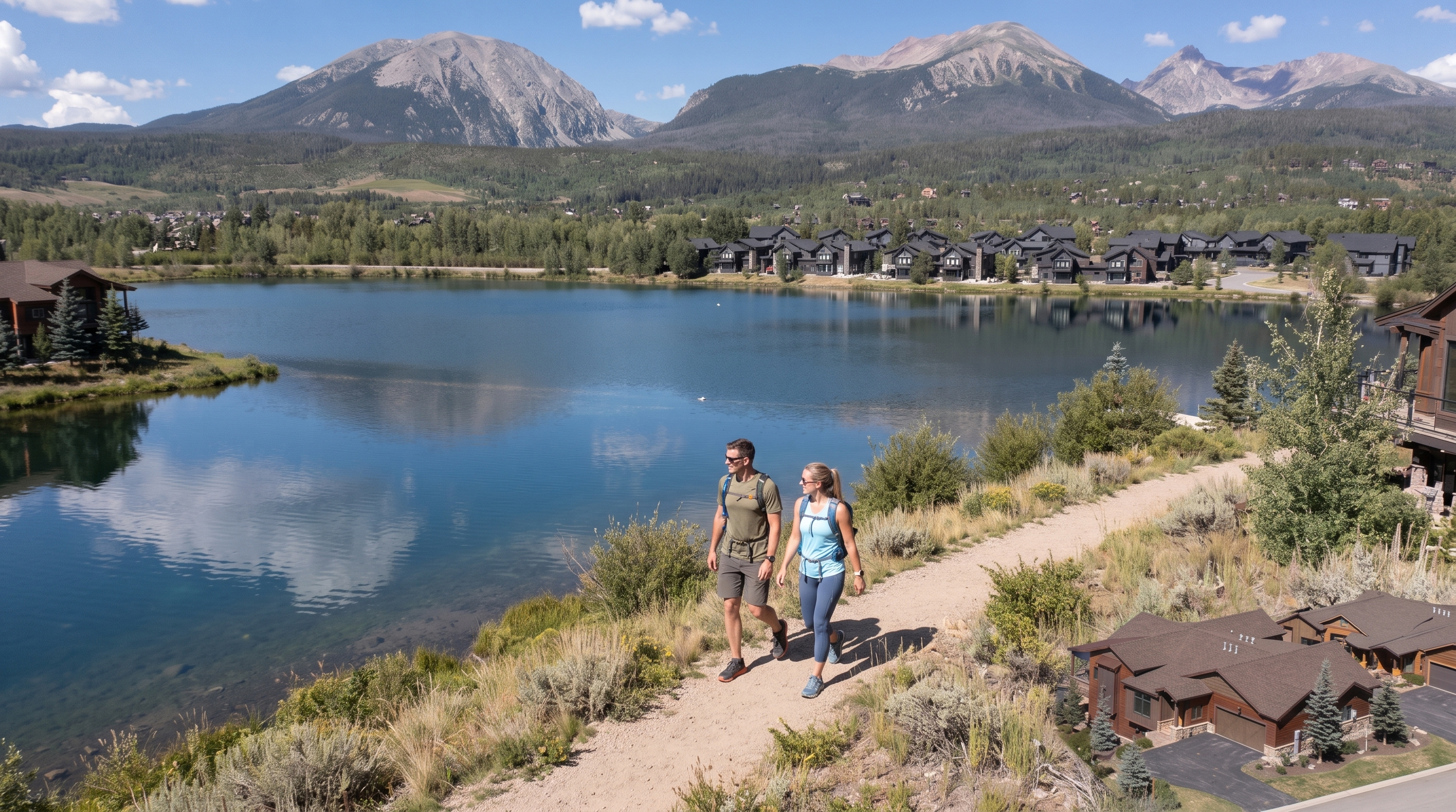 This scenic aerial view showcases a picturesque mountain community nestled beside a serene, reflective lake. The image highlights a paved walking path where hikers are enjoying the outdoors, surrounded by lush landscaping and upscale residential homes. With the majestic snow-capped mountains in the background, this property offers an exceptional outdoor lifestyle and beautiful natural views.