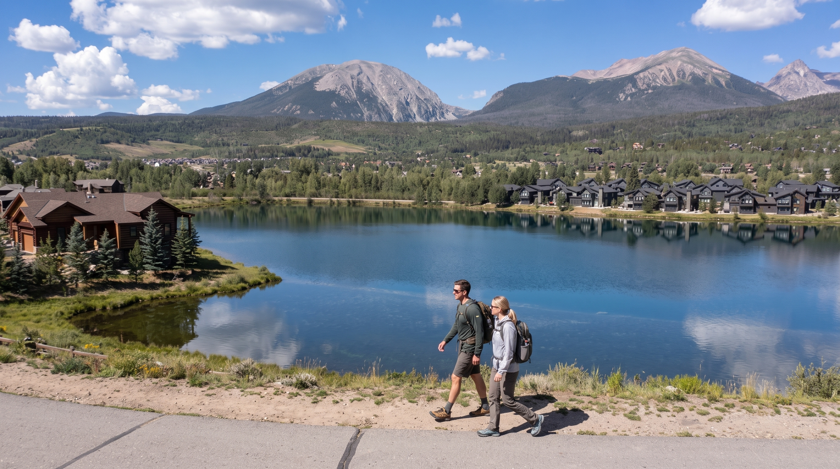This scenic community setting features a calm, reflective lake bordered by modern mountain-style homes and lush greenery. Two hikers walking along a paved path emphasize the active outdoor lifestyle offered by this picturesque location. The towering, snow-dusted mountain peaks in the background provide a stunning, serene backdrop, highlighting the high-end appeal of the residential area.