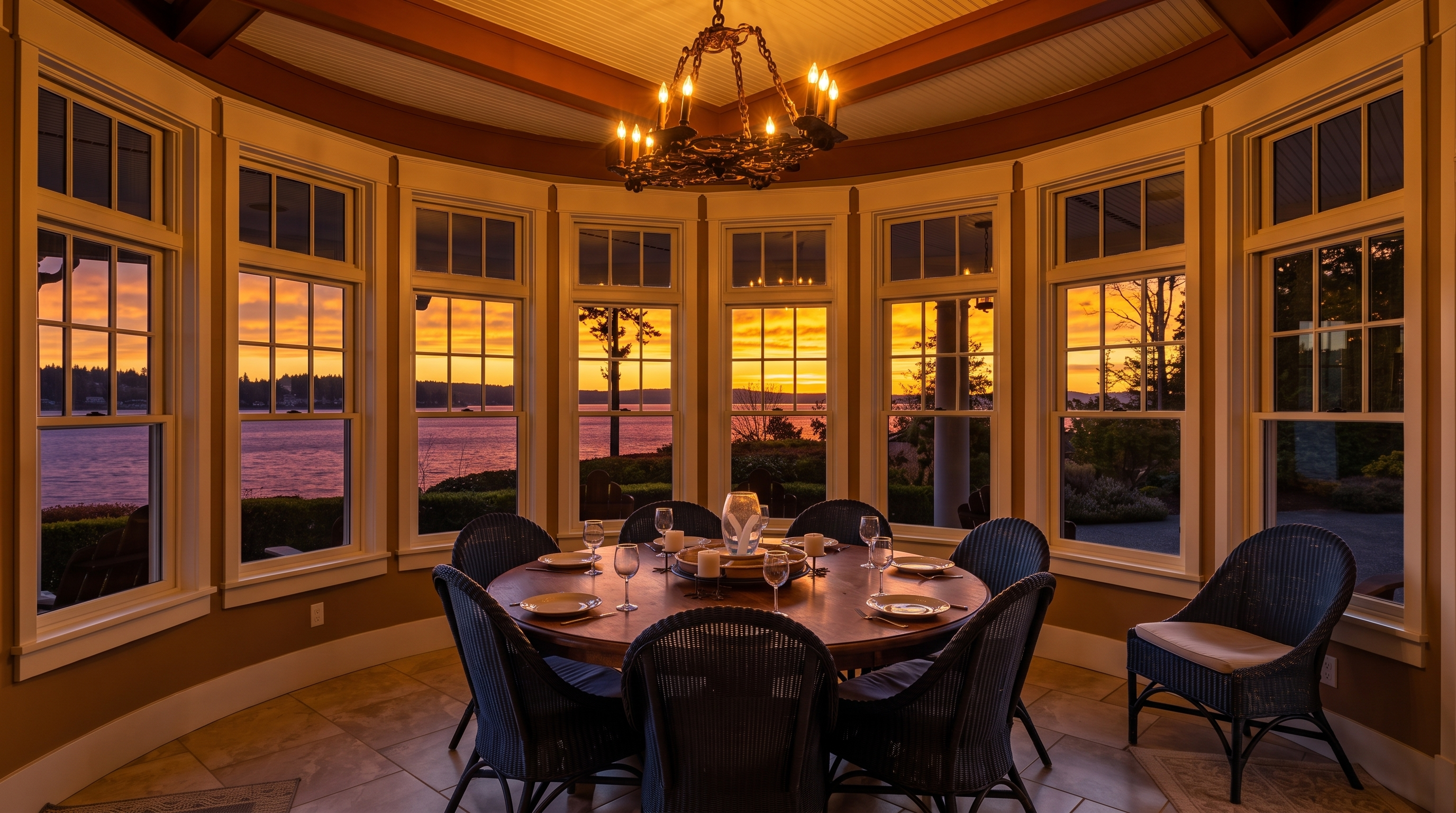 This elegant circular dining room features a large, round wooden table surrounded by dark wicker chairs, positioned to take full advantage of the panoramic water views. The space is defined by a series of tall windows that wrap around the room, topped by a coffered ceiling with a decorative iron chandelier as the centerpiece. The neutral tile flooring and warm-toned wall paint create a sophisticated yet inviting atmosphere perfect for waterfront entertaining.