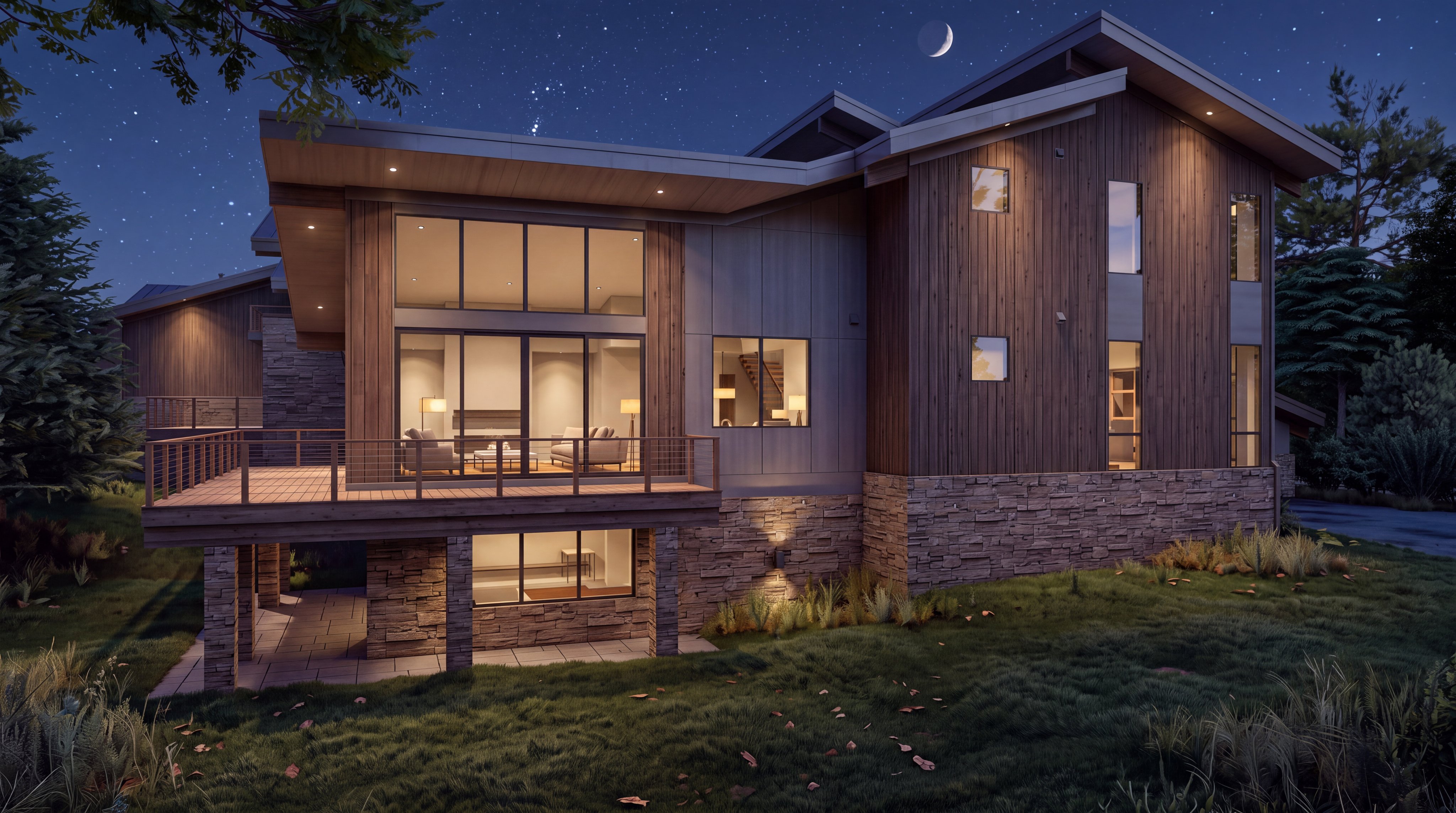 This architectural rendering showcases the rear elevation of a modern, multi-level home set against a wooded backdrop. The design features a blend of vertical wood siding, dark metal panels, and a stone-clad base, complemented by a spacious elevated deck and large windows that offer expansive views. The perspective is captured from a slightly elevated angle, highlighting the home's integration with the sloped landscape and its contemporary, clean-lined aesthetic.