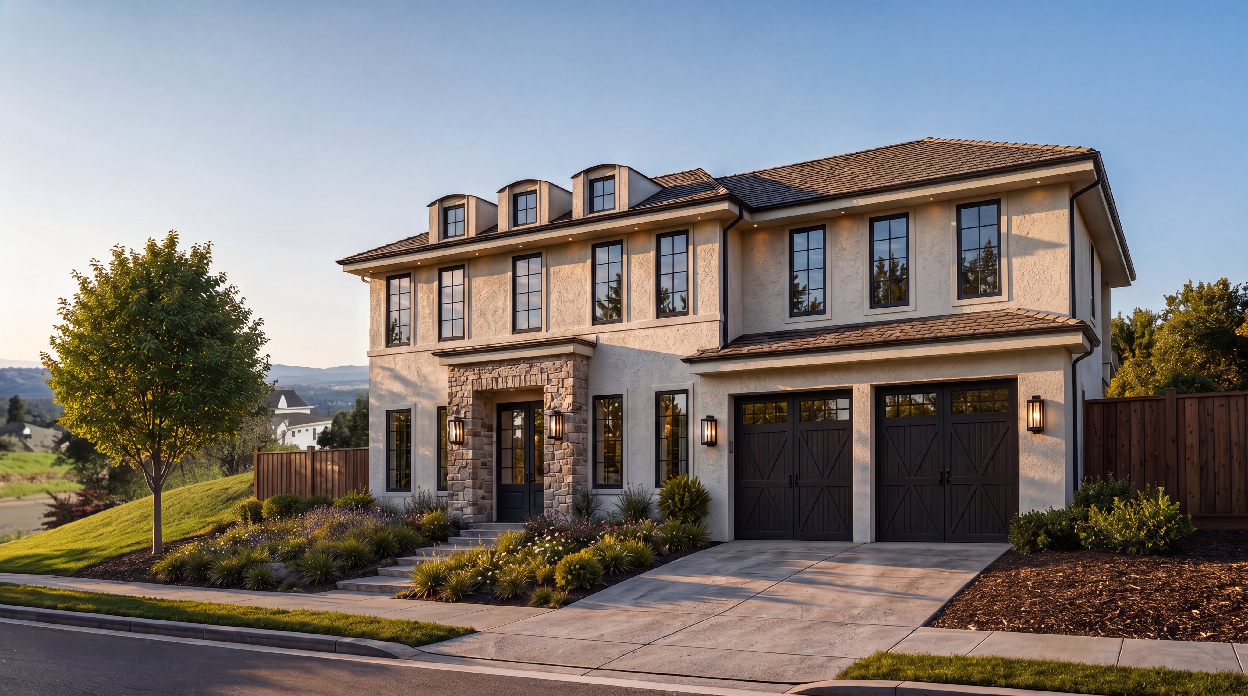 This elegant two-story residence features a sophisticated blend of light stucco and natural stone accents, complemented by dark-framed windows and carriage-style garage doors. The facade creates a welcoming aesthetic with a manicured front landscape, tiered walkways, and warm outdoor lighting. Its balanced architectural design exudes modern luxury, making it an appealing property for potential buyers.