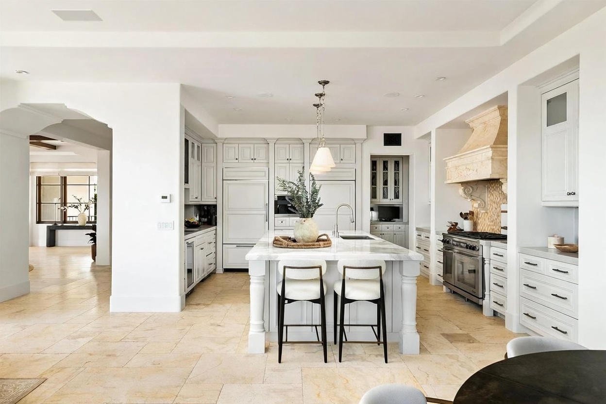 This bright and spacious kitchen features a large central island with stone countertops and two bar stools, serving as the focal point of the room. The space is equipped with white cabinetry, a professional-grade stainless steel range with a decorative stone hood, and exposed wooden ceiling beams that add architectural character. The perspective is a straight-on, eye-level shot that highlights the open layout and the seamless transition to an adjacent room.