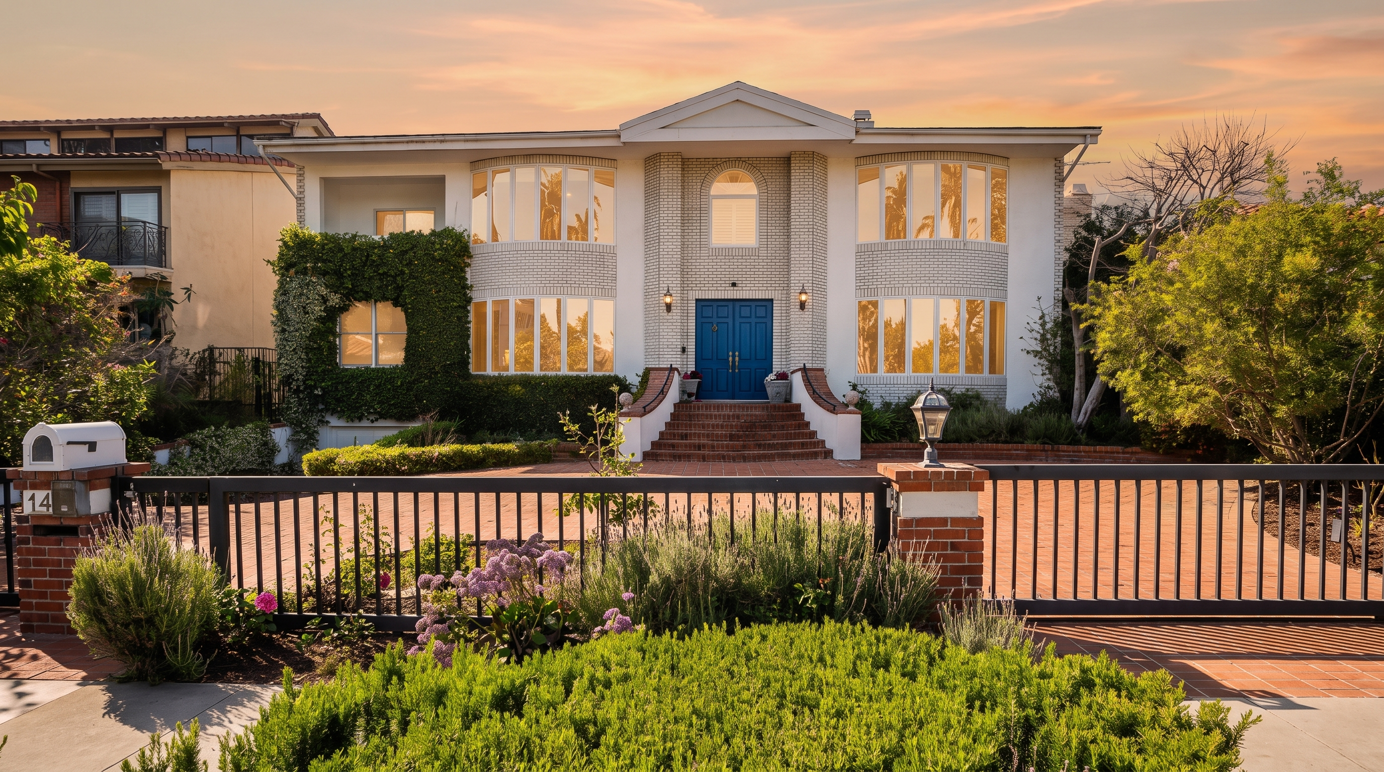 This two-story residence features a symmetrical white brick facade with a prominent central entryway accessed by a brick staircase. The home is framed by mature landscaping, including a large, manicured hedge in the foreground and climbing ivy on the left side. A dark metal gate secures the property, providing a sense of privacy and curb appeal to the classic architectural design.