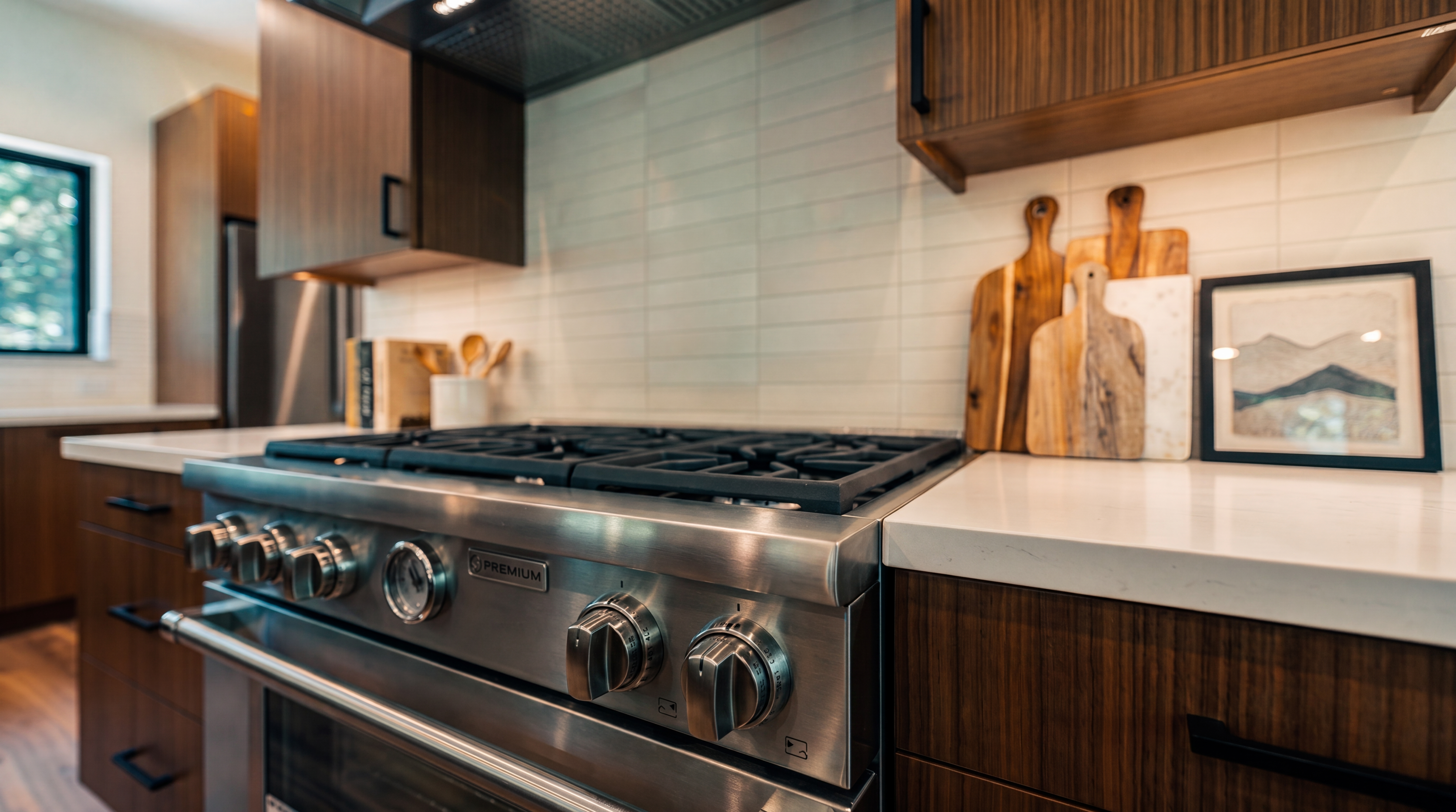 This kitchen features a high-end, stainless steel 'Premium' gas range set against a clean, white subway tile backsplash. The warm wood-tone cabinetry provides a sharp contrast to the bright white countertops, while curated decor like wooden cutting boards and framed artwork adds a cozy, personalized touch. The space reflects a modern aesthetic with functional, high-quality finishes perfect for residential living.
