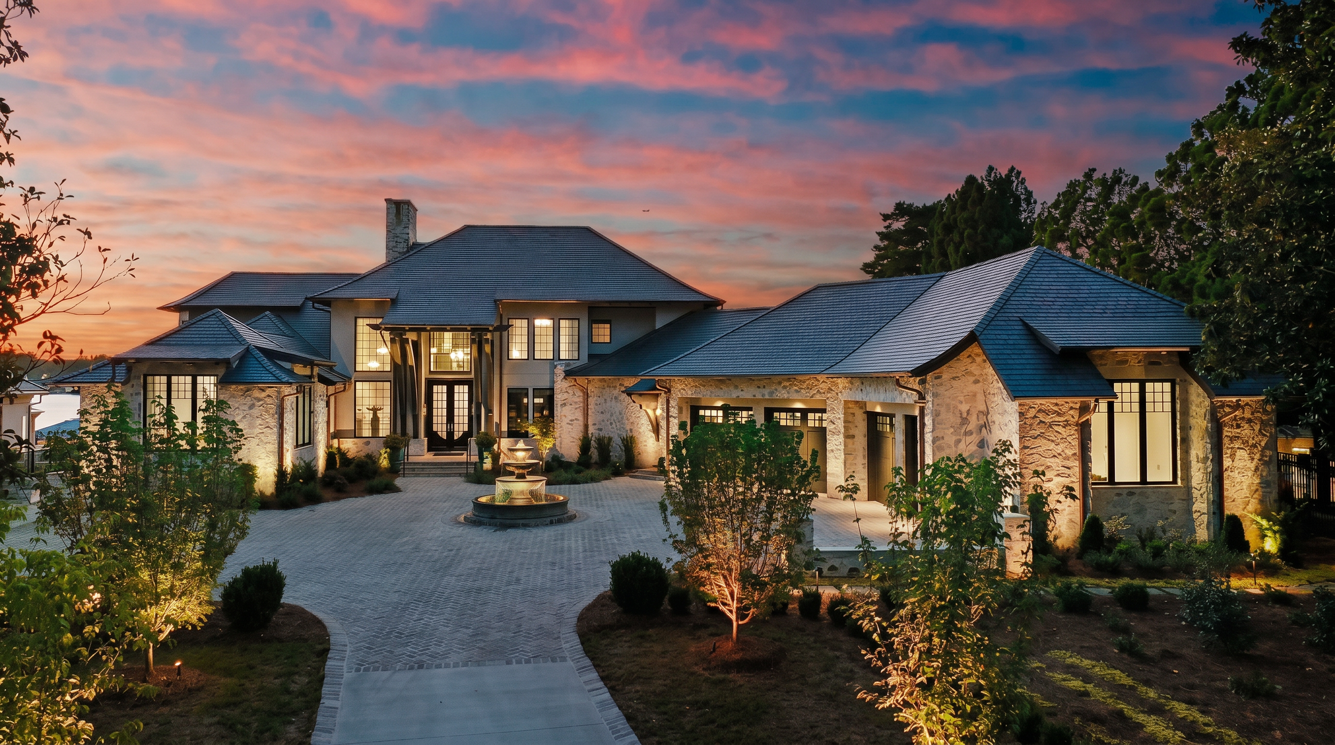 This stunning luxury estate features a sophisticated blend of stone masonry and dark roofing, set against a dramatic sunset sky. The front facade is highlighted by a grand entryway, a circular stone fountain, and a paved driveway that leads to a multi-car garage. The home's architectural design is complemented by warm exterior lighting that accentuates the textures of the stone and the surrounding landscaping.