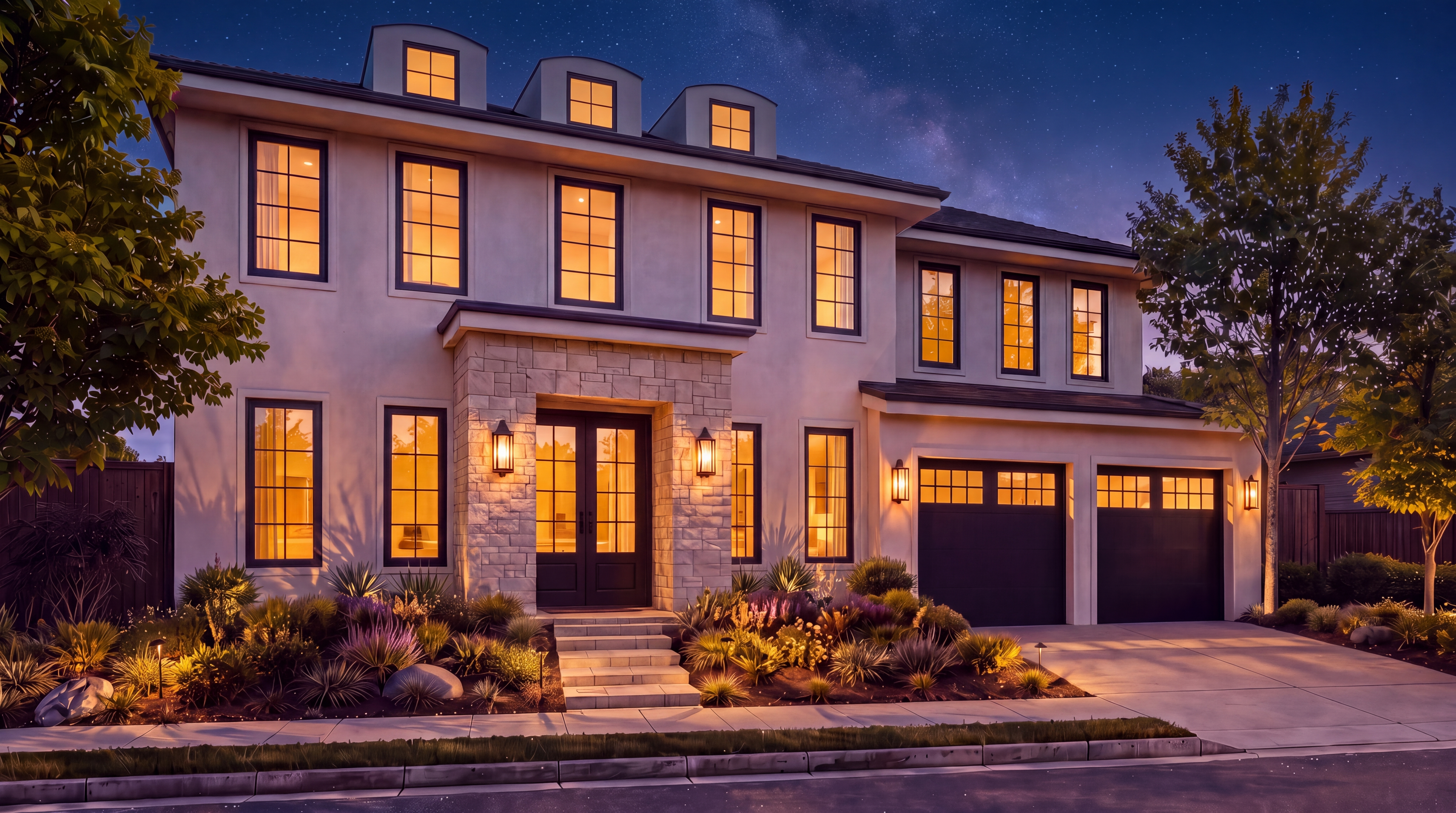 This stunning two-story custom home features a contemporary transitional design with a mix of light-colored stucco and natural stone accents at the entrance. The symmetrical facade is highlighted by large rectangular windows, elegant wall sconces, and a spacious two-car garage. Set against a soft sunset sky, the property is complemented by professional landscaping with layered shrubs and grasses, creating a sophisticated and inviting curb appeal.