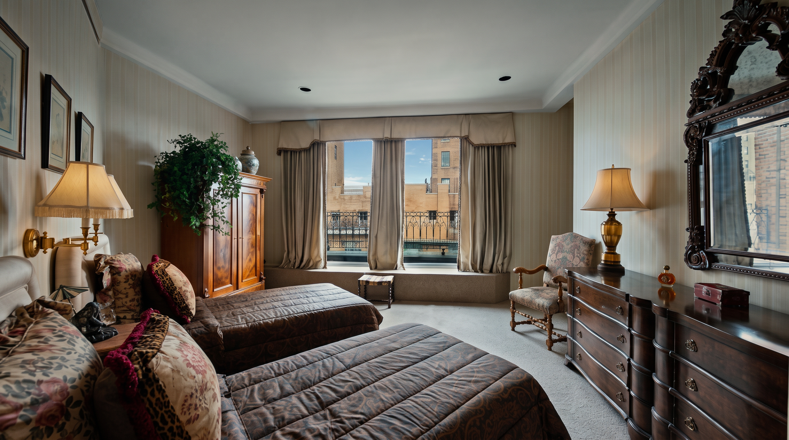 This traditional bedroom features two twin beds with brown patterned bedding and decorative pillows, set against a backdrop of light-toned striped wallpaper. A large wooden armoire stands in the corner, while a matching wooden dresser with an ornate mirror sits along the right wall. The room is illuminated by two table lamps and features a window with draped curtains that look out onto an urban cityscape.