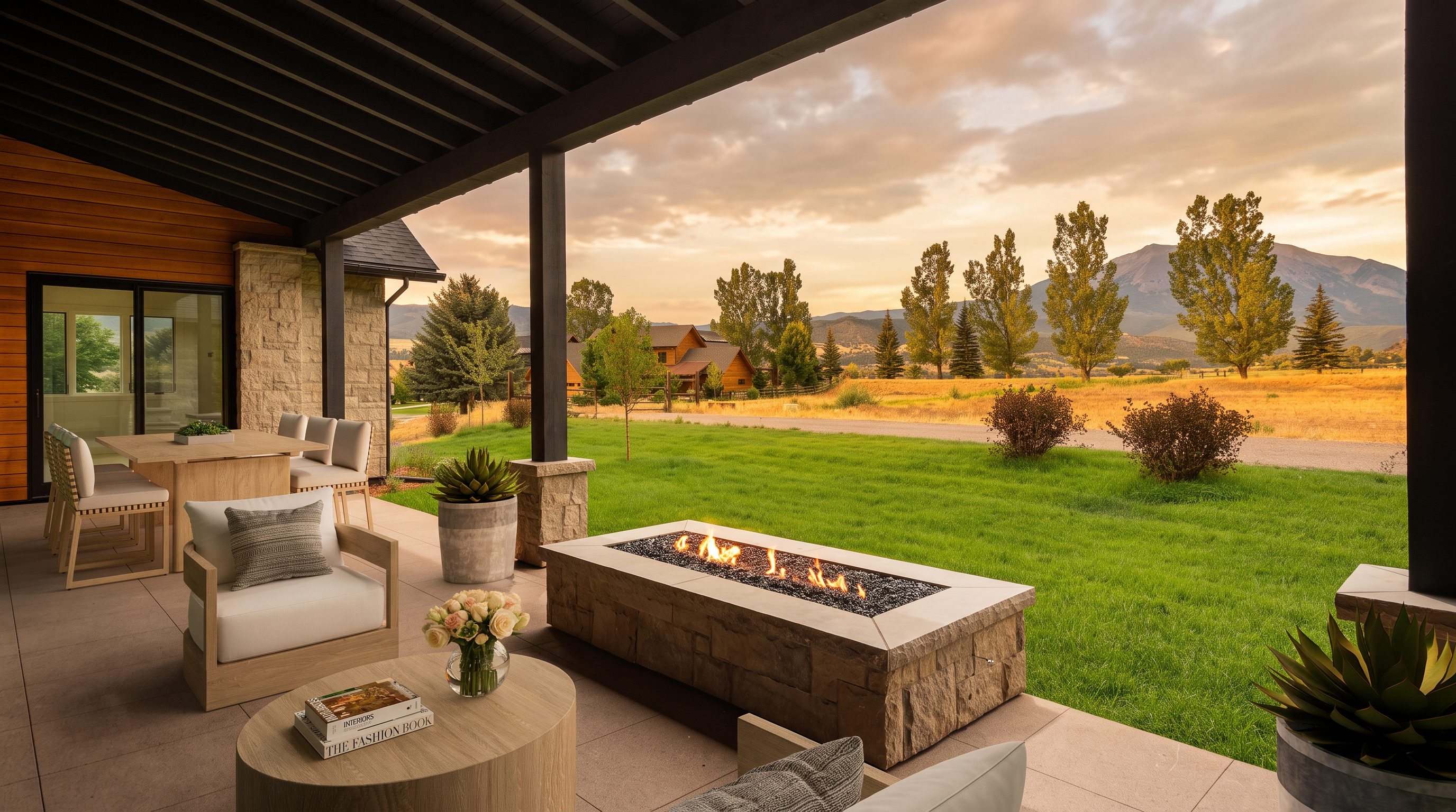 This stunning covered patio offers an elegant outdoor living space, featuring a modern stone-surround fire pit and comfortable contemporary lounge furniture. The expansive concrete terrace seamlessly transitions into a lush, manicured lawn with breathtaking mountain views in the distance. It is an ideal setting for relaxation and entertaining, perfectly capturing the peaceful, upscale nature of the property.