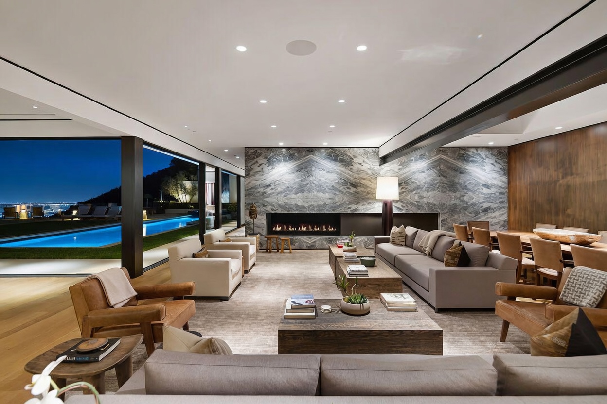 This expansive, open-concept living room features a sophisticated design with a large, stone-clad chimney breast housing a linear fireplace. The space is furnished with plush grey sofas and leather armchairs, arranged on a neutral area rug atop light wood flooring. Large, sliding glass walls provide a seamless transition to an outdoor pool area, offering a panoramic view of the city lights at dusk.