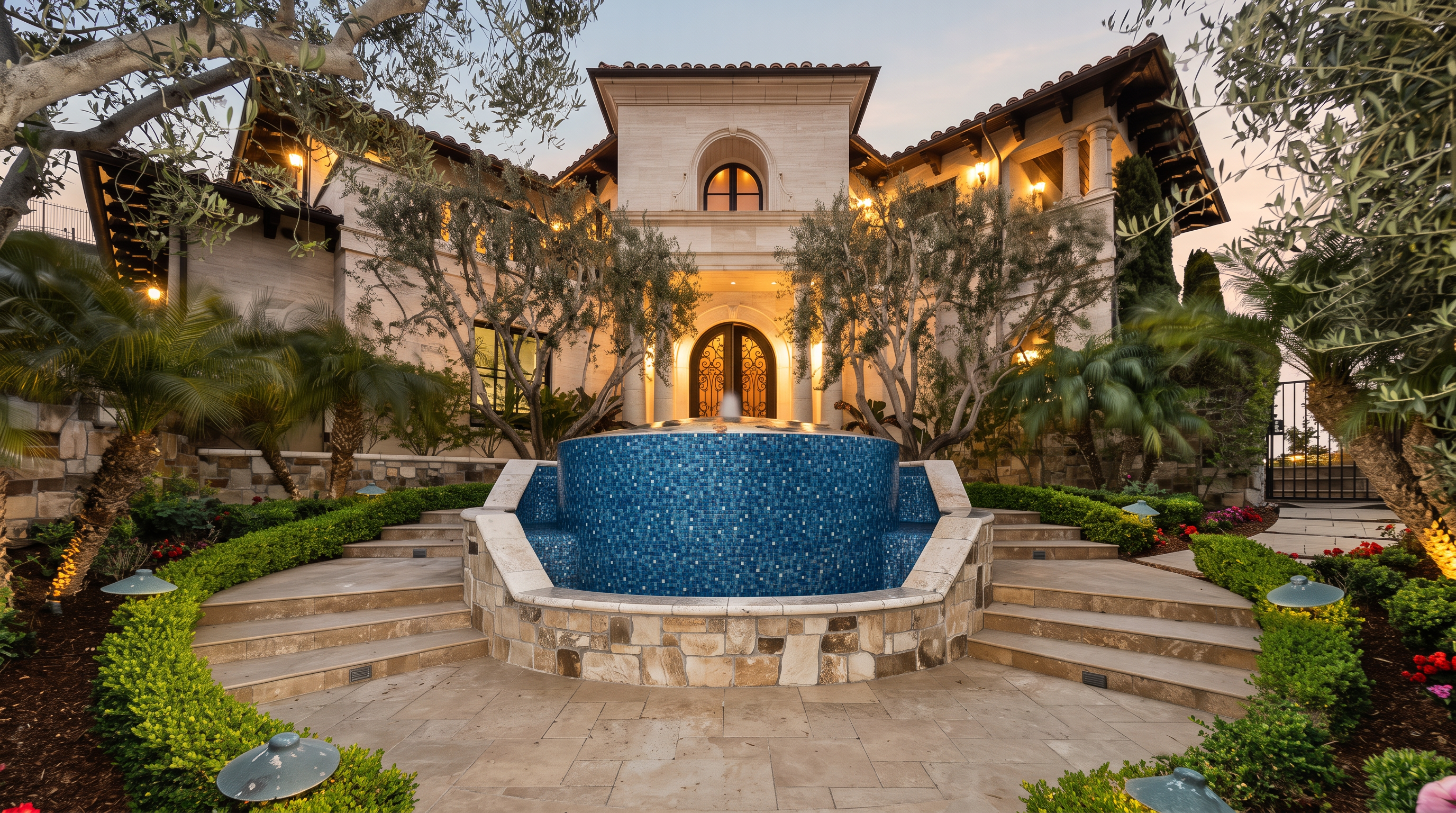This grand Mediterranean-style estate features a symmetrical facade with a prominent central entryway and a striking blue mosaic-tiled circular fountain in the foreground. The home is framed by mature olive trees and manicured hedges, with stone-paved stairs leading up to the arched double-door entrance. The warm, ambient lighting at dusk highlights the architectural details and creates an inviting, luxurious atmosphere.