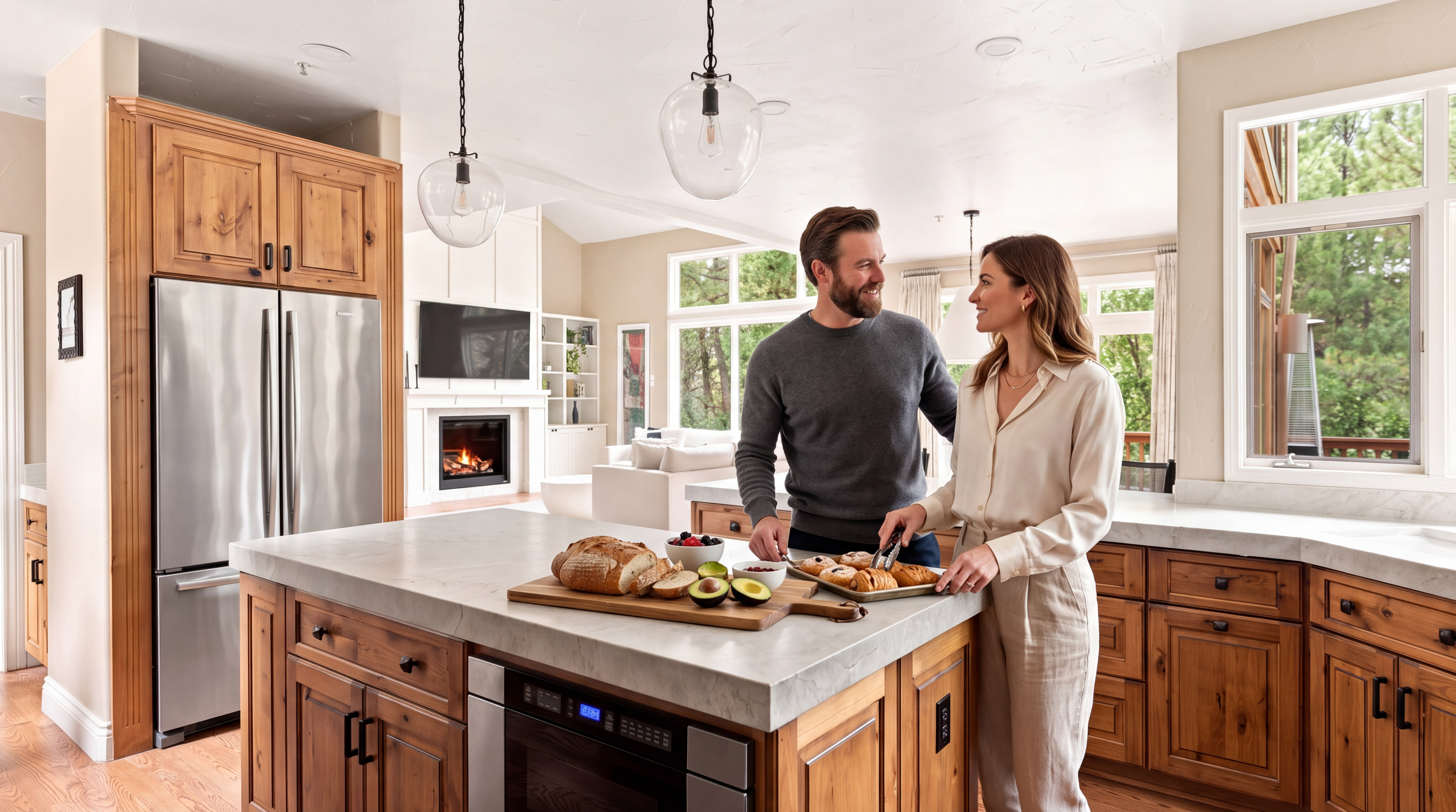 This bright, open-concept kitchen features warm wooden cabinetry, a large marble-topped island, and high-end stainless steel appliances. A couple interacts in the foreground, highlighting the inviting, family-oriented atmosphere of the space. In the background, a cozy living area with a fireplace and large windows provides an elegant and connected floor plan.