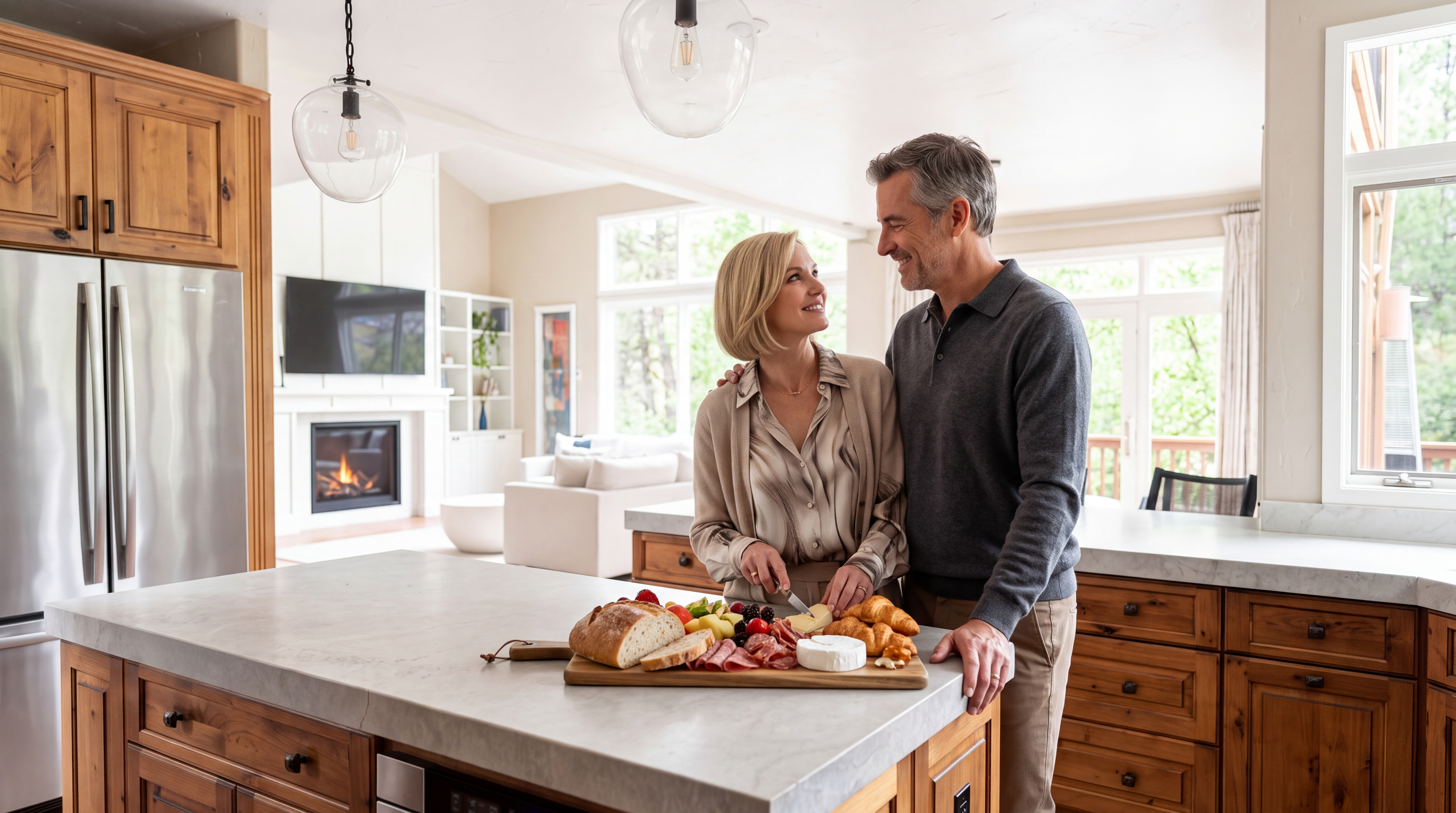 This bright and welcoming kitchen features warm wood cabinetry, a spacious stone island, and elegant pendant lighting. The open-concept design seamlessly connects the food preparation area to a cozy living space, enhanced by a fireplace visible in the background. It creates an inviting atmosphere perfect for both cooking and entertaining.