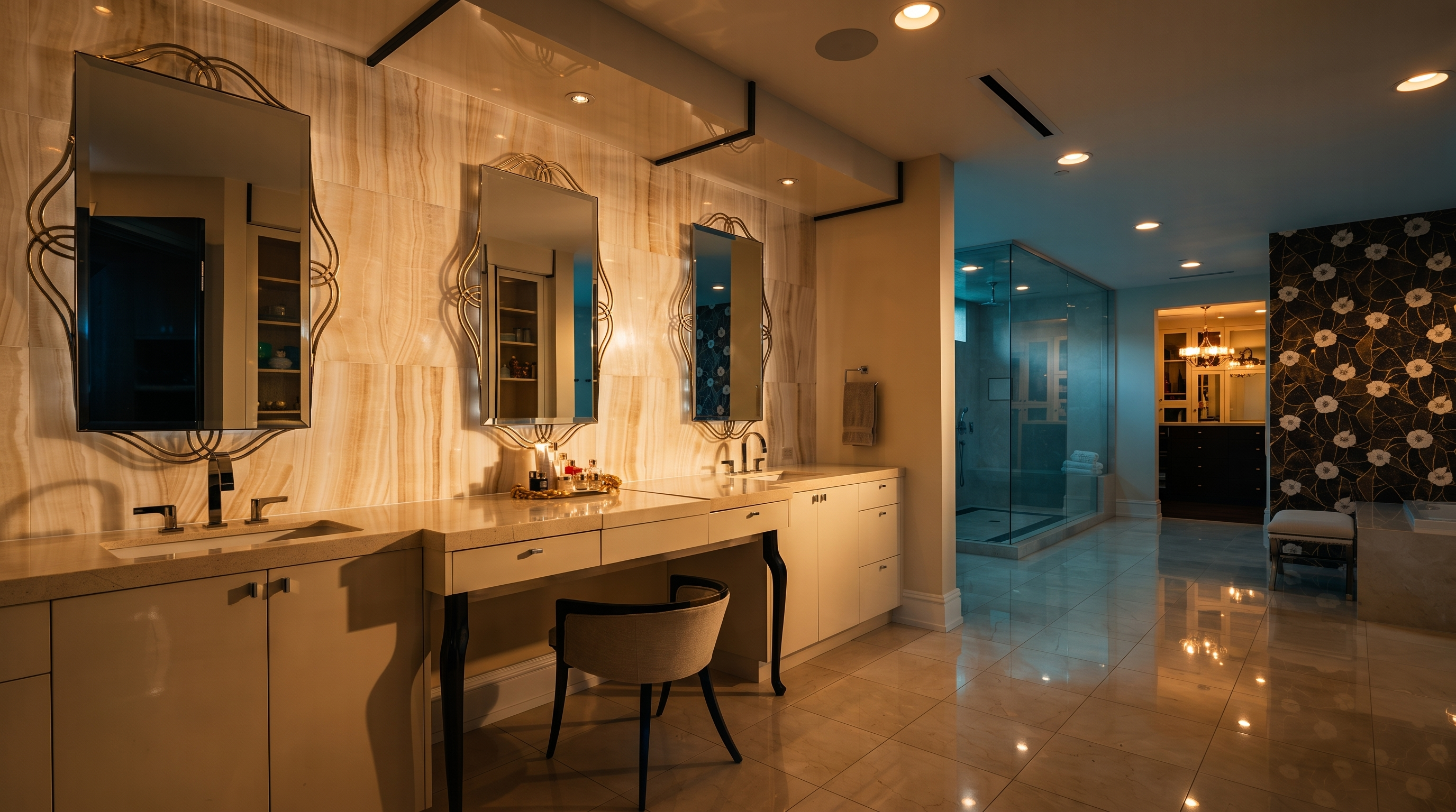 This luxurious primary bathroom features a long, dual-sink vanity with a central makeup station and a neutral stone countertop. The space is accented by three ornate, decorative mirrors and a wall clad in light-toned, veined stone tiles. In the background, a glass-enclosed shower and a separate area with a dark, floral-patterned accent wall create a sophisticated and high-end aesthetic.