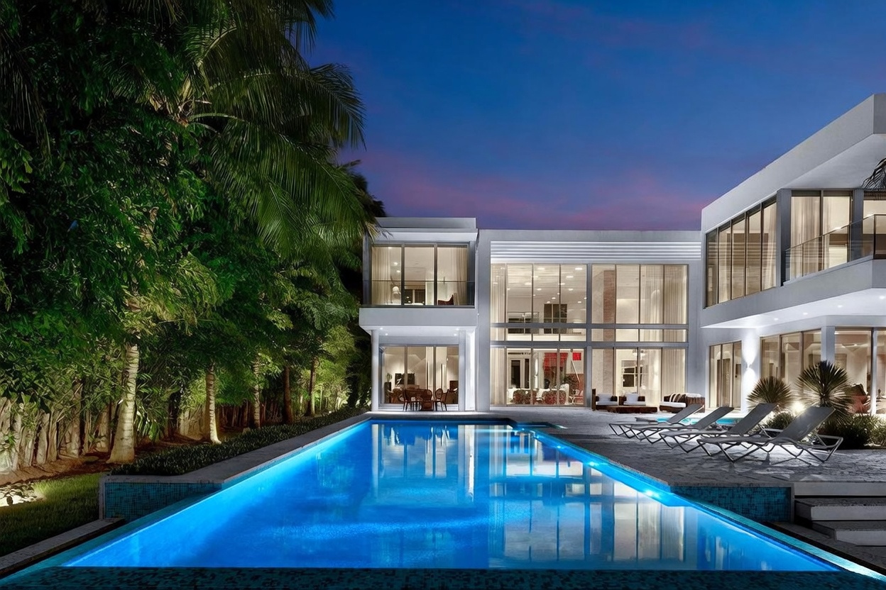 This stunning modern luxury residence is captured at twilight, showcasing a sleek architectural design with expansive glass walls that illuminate the interior. A long, rectangular swimming pool with vibrant blue lighting serves as the centerpiece of the backyard, complemented by a stone patio furnished with lounge chairs. The property is framed by lush, mature palm trees and dense foliage, creating a private and sophisticated outdoor oasis.