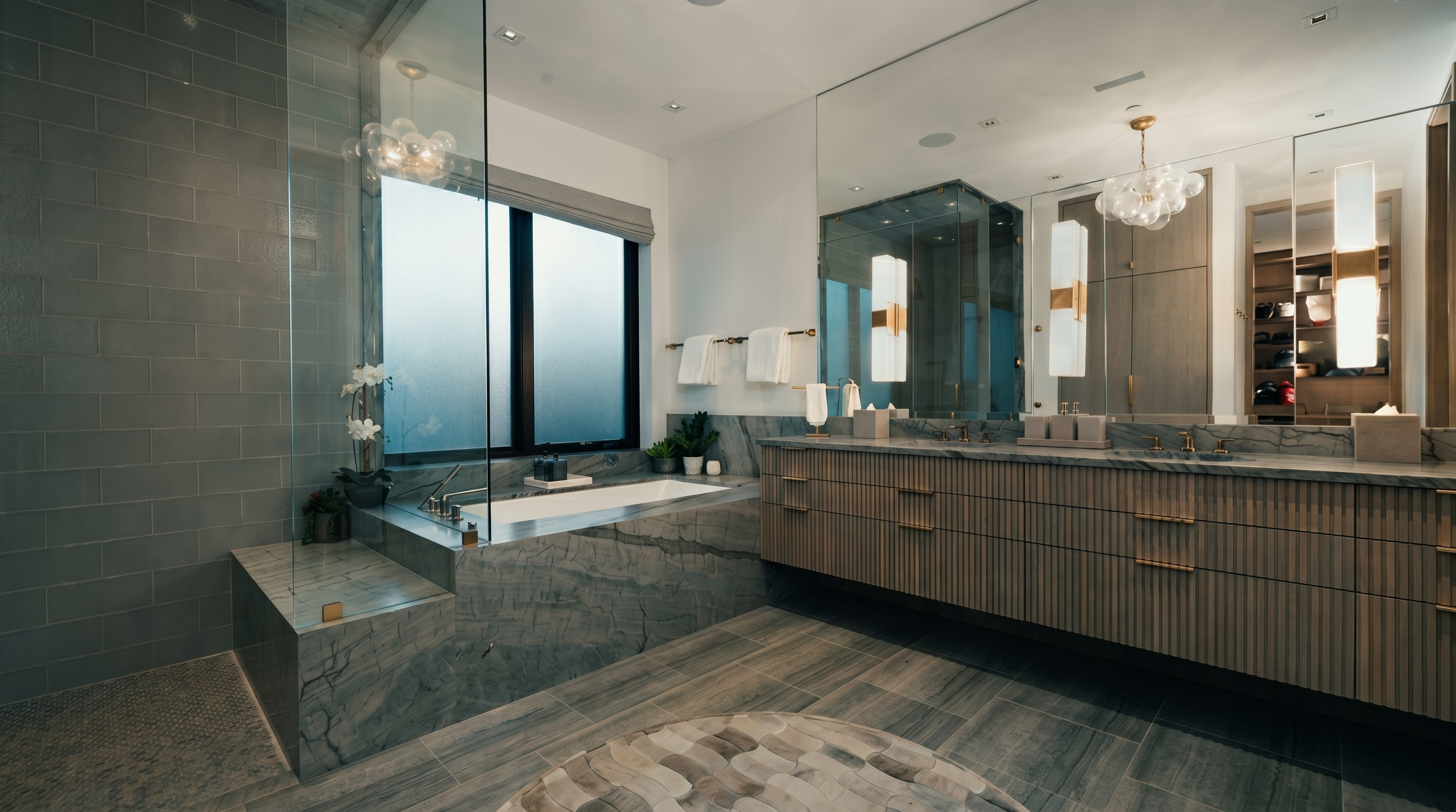This luxurious primary bathroom features a large soaking tub encased in grey stone, positioned next to a glass-enclosed shower area. A long, light-toned wood vanity with gold-toned hardware and a stone countertop spans the wall, complemented by a large mirror and elegant pendant lighting. The room is finished with neutral stone flooring and a circular rug, creating a sophisticated and serene atmosphere.