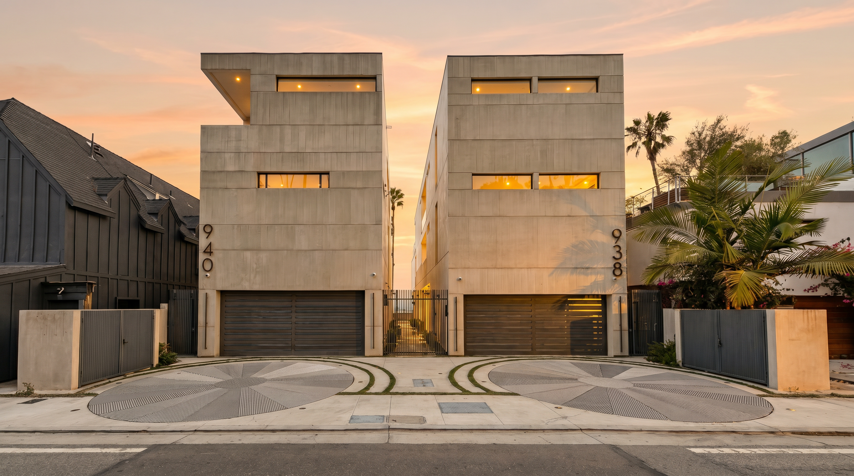 This front-facing perspective captures two modern, multi-story concrete residences featuring minimalist architectural lines and horizontal window bands. Each home is equipped with a circular, integrated car turntable in the driveway, emphasizing a high-end, functional design. The composition highlights the symmetrical layout of the structures, with a narrow central walkway leading toward the ocean visible in the distance.