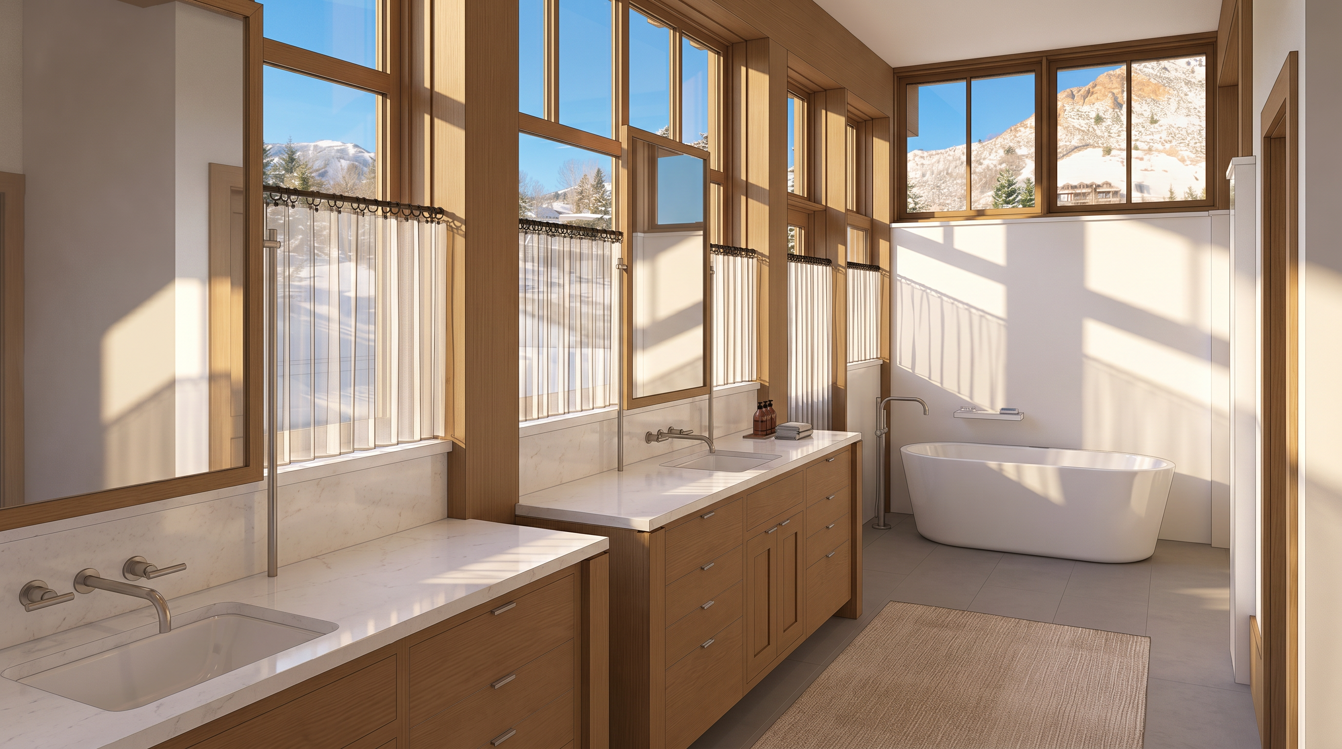 This bright and airy primary bathroom features a double vanity with light wood cabinetry and white countertops, complemented by a freestanding soaking tub positioned against a white wall. Large windows with sheer curtains allow for ample natural light and offer scenic views of a snowy mountain landscape. The space is finished with neutral-toned flooring and a clean, minimalist aesthetic that emphasizes a serene, spa-like atmosphere.
