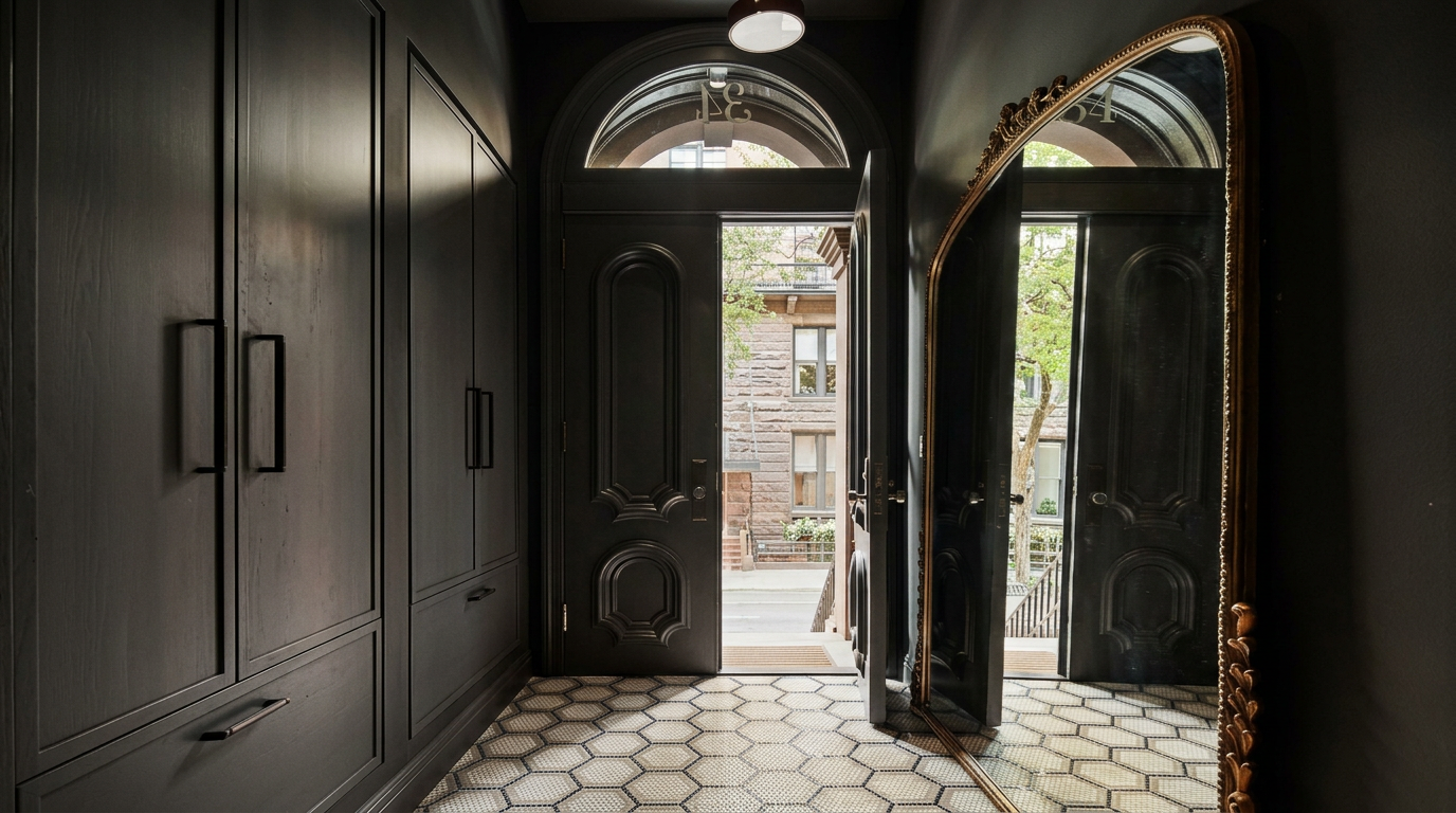 This sophisticated entryway features a dramatic, moody aesthetic with matte black walls and matching floor-to-ceiling cabinetry. A striking modern chandelier hangs from the ceiling, while a large, ornate gold-framed floor mirror reflects the light and adds a touch of classic elegance. The space is anchored by a classic black-and-white hexagonal tile floor, leading the eye toward the arched doorway that opens to a view of a charming brick building exterior.