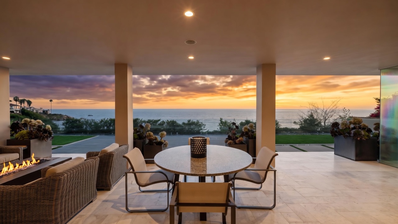 This expansive covered patio offers a seamless transition to an outdoor living space with panoramic ocean views. The area is furnished with a round dining table, comfortable lounge seating, and a linear fire feature, all set against a backdrop of the horizon. The neutral stone flooring and clean architectural lines create a sophisticated, tranquil atmosphere perfect for coastal entertaining.