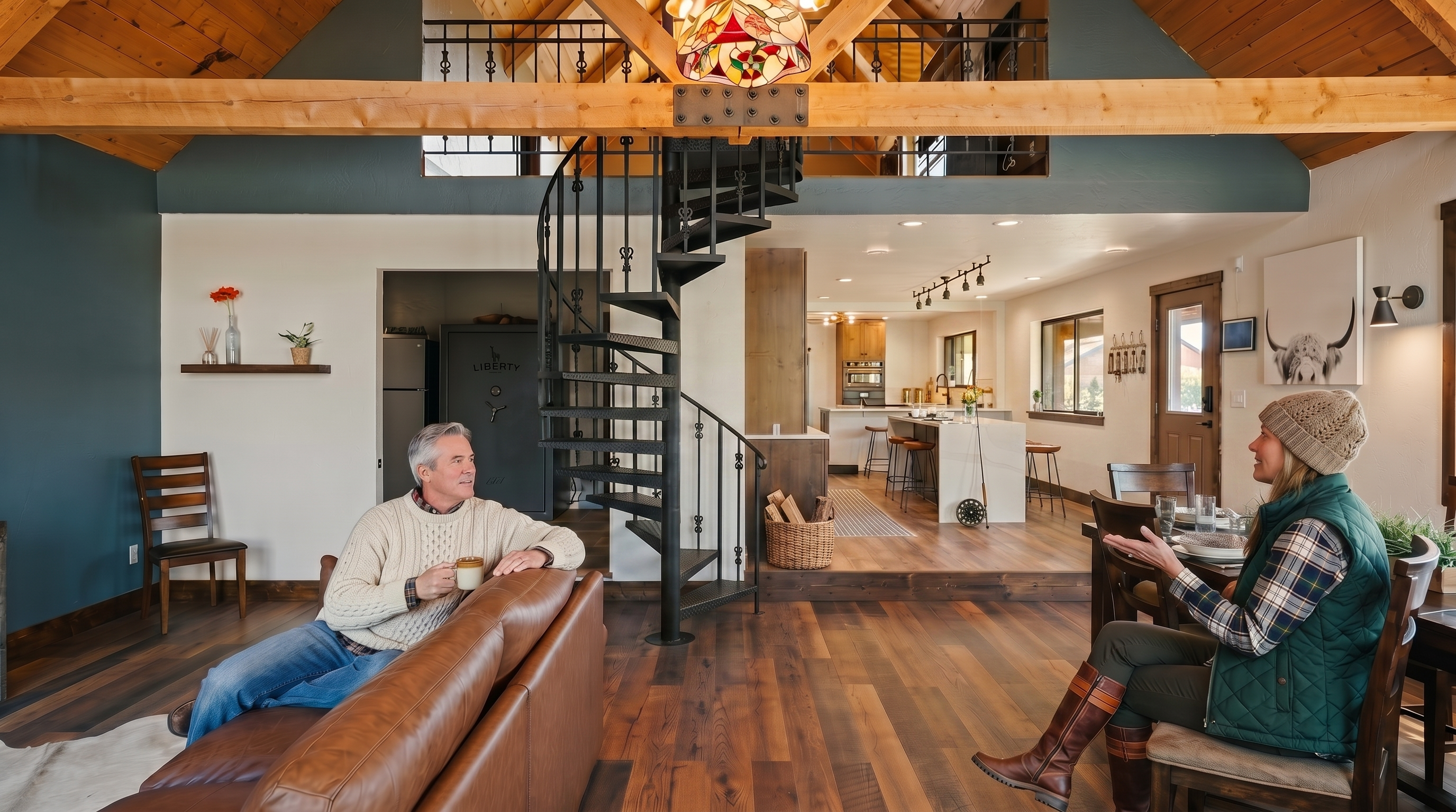 This open-concept living area features a vaulted ceiling with exposed wooden beams and a striking stained-glass chandelier. A spiral staircase serves as a central architectural focal point, connecting the main floor to a lofted balcony above. The space flows seamlessly into a dining area and kitchen, creating a warm, rustic-modern atmosphere with wood-toned flooring and a neutral color palette.