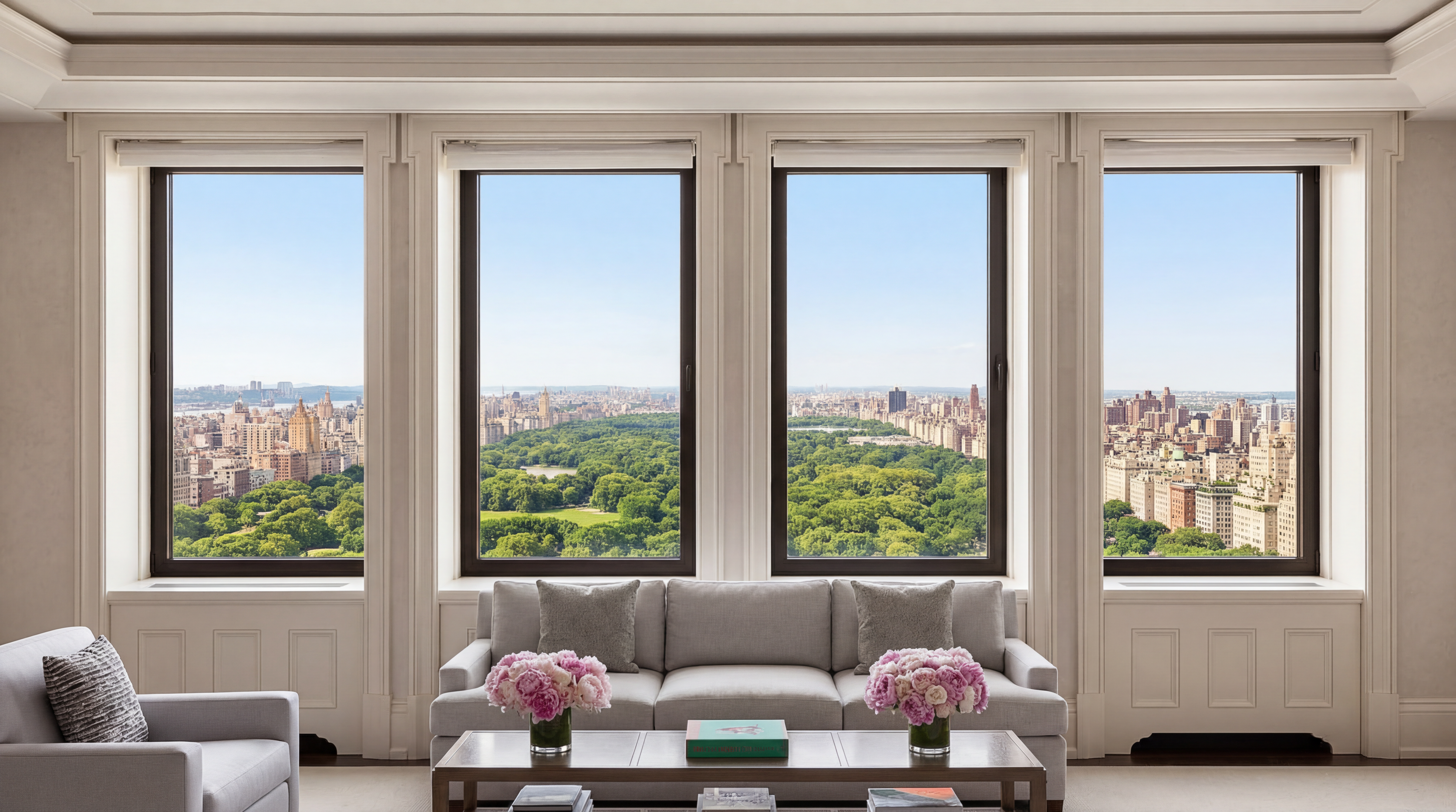 This sophisticated, sun-drenched living room features expansive floor-to-ceiling windows that provide iconic, unobstructed views of Central Park. The space is elegantly furnished with a modern white sofa, textured throw pillows, and minimalist coffee tables accented by fresh floral arrangements. The neutral color palette and classic millwork enhance the room's high-end, gallery-like atmosphere.