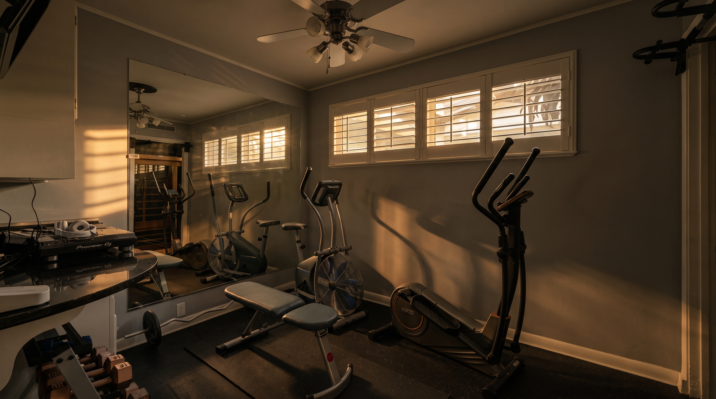 This home gym features a dedicated workout space with black rubber flooring, a large wall mirror, and a variety of fitness equipment including an elliptical machine, a stationary bike, and a weight bench. The room is illuminated by a ceiling fan with integrated lighting and natural light filtering through white plantation shutters on the windows. The space is organized and functional, providing a clean environment for exercise.