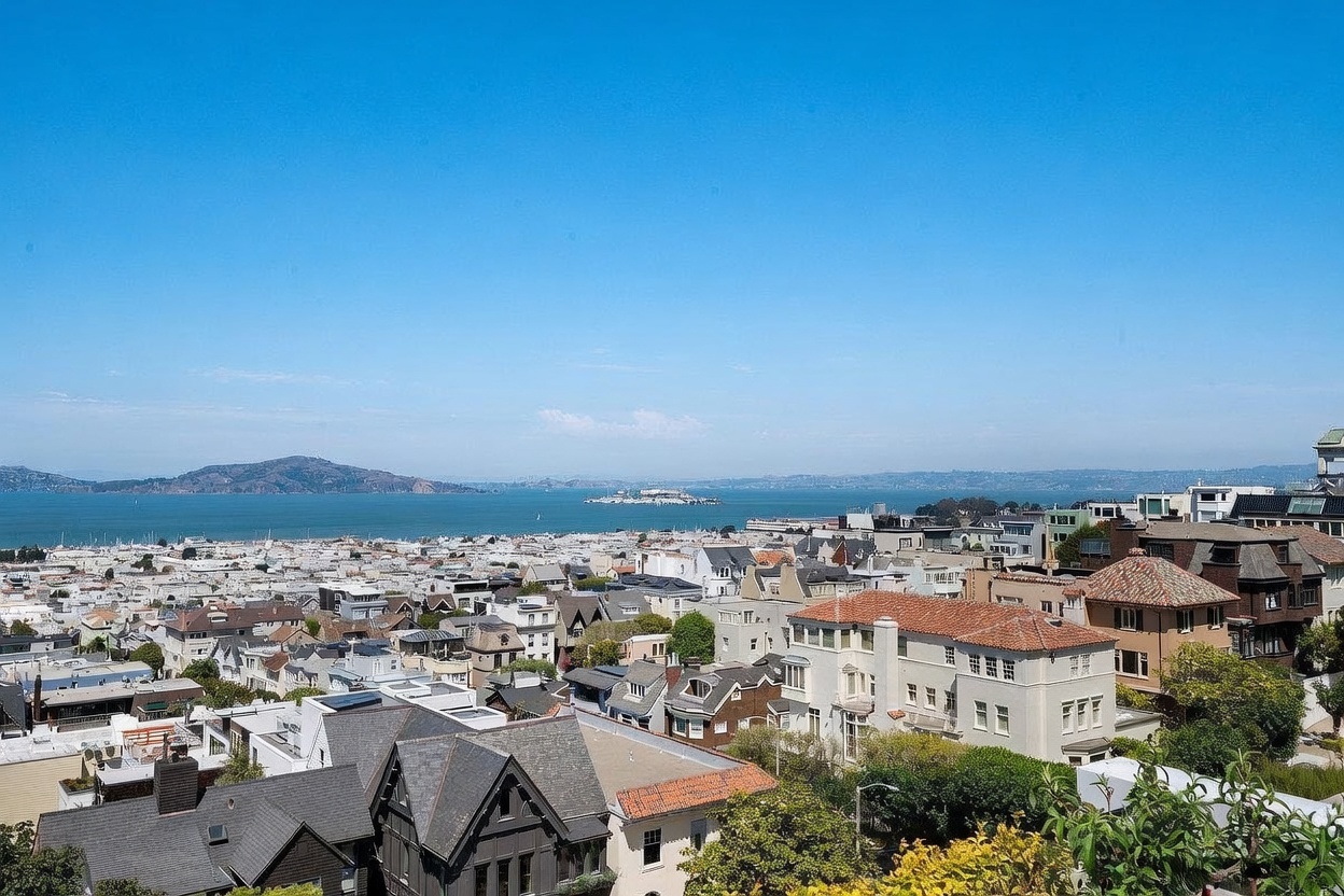 This elevated, wide-angle view captures a dense urban neighborhood overlooking a expansive bay with a prominent island in the distance. The foreground features a collection of traditional residential homes with varied rooflines, including terracotta tiles and dark shingles, nestled among mature trees. The clear blue sky and panoramic water views create an inviting and scenic atmosphere characteristic of a coastal city.