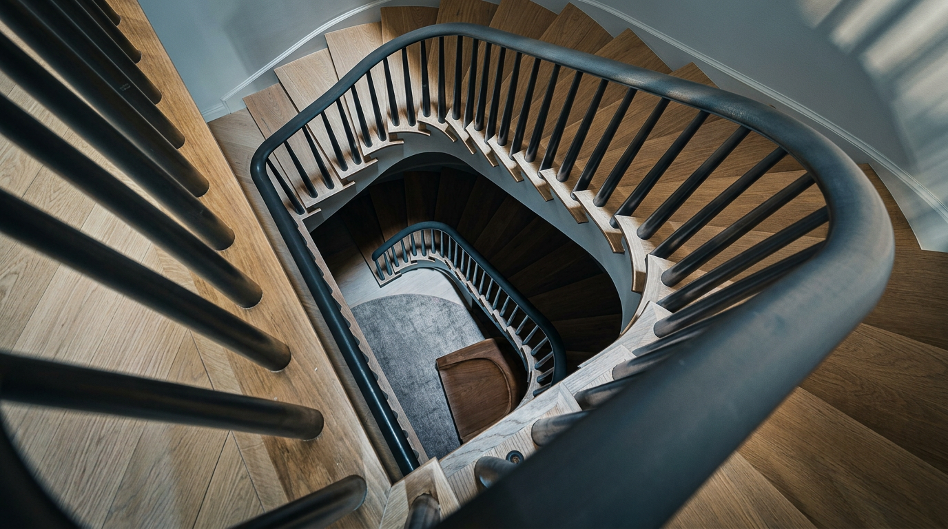 This high-angle, cinematic shot captures a sophisticated spiral staircase featuring light oak wood treads and a sleek, dark metal handrail. The design emphasizes clean lines and a minimalist aesthetic, with the curved architecture creating a sense of depth and elegance. The perspective looks down through the central void, highlighting the craftsmanship and the seamless flow between the levels of the home.